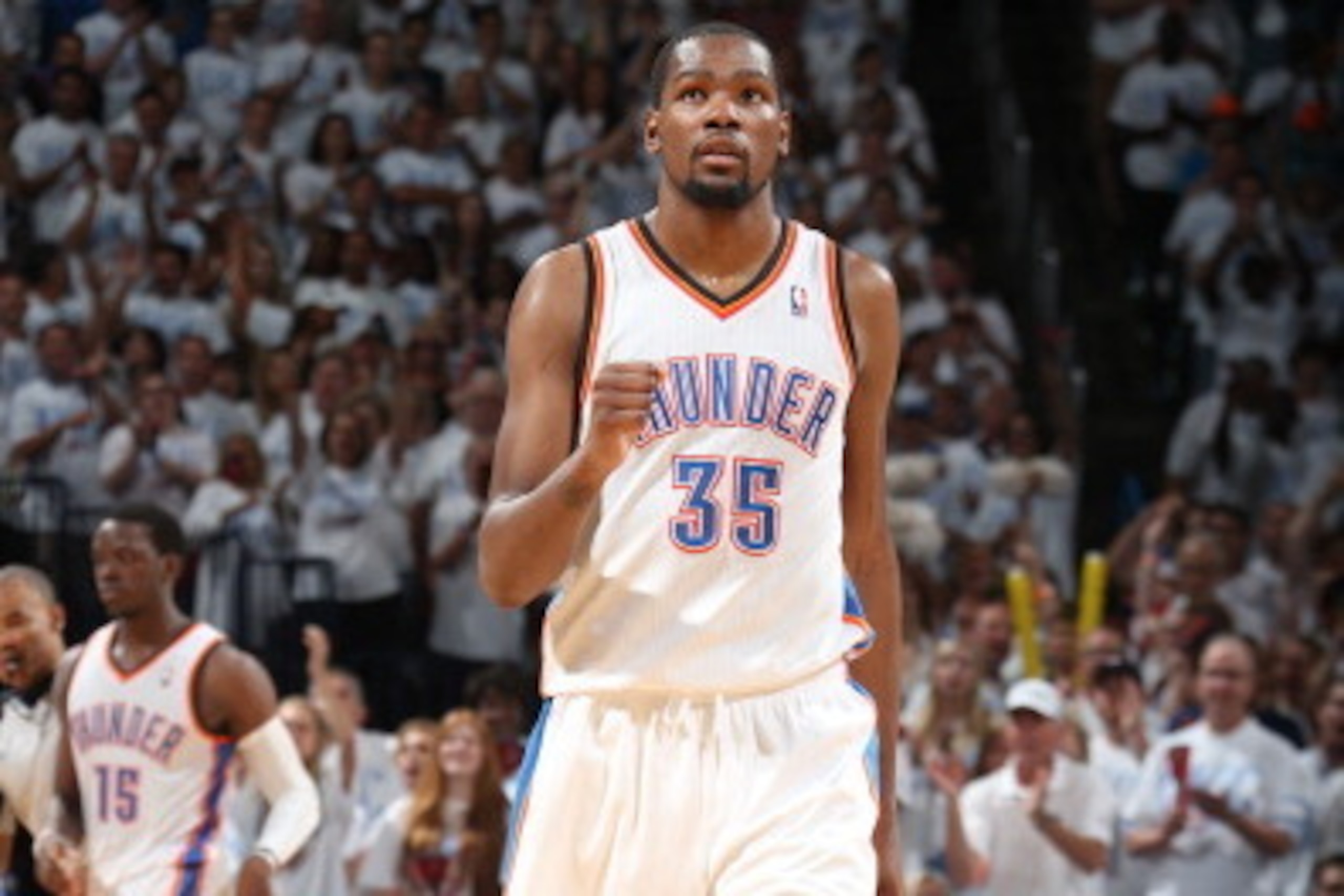 OKLAHOMA CITY, OK  MAY 31: Kevin Durant #35 of the Oklahoma City Thunder during the game against the San Antonio Spurs in Game Six of the Western Conference Finals during the 2014 NBA Playoffs on May 31, 2014 at the Chesapeake Energy Arena in Oklahoma Cit