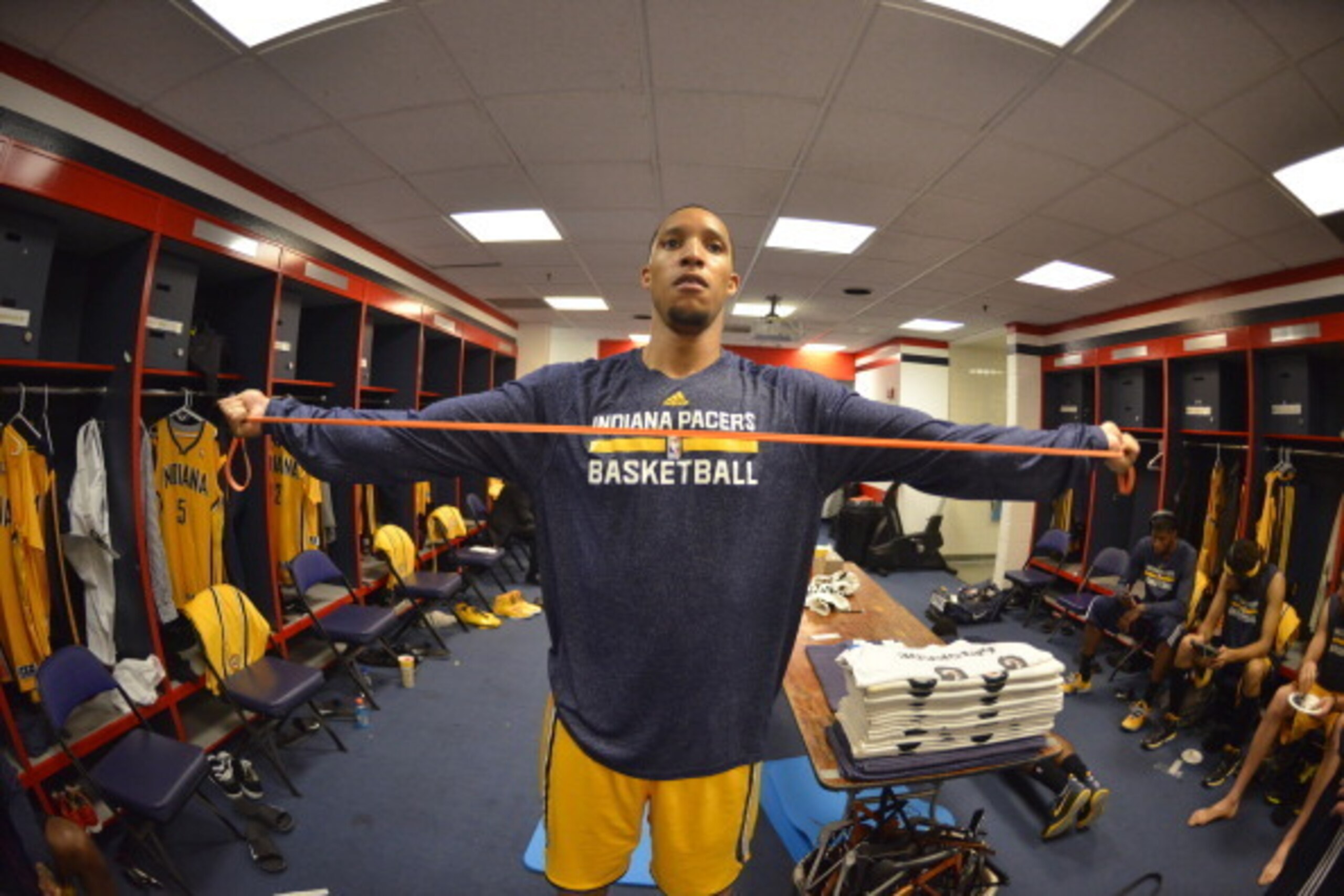 WASHINGTON, DC - MAY 09: Evan Turner #12 of the Indiana Pacers warms up before Game Three of the Eastern Conference Semifinals against the Washington Wizards at Verizon Center on May 9, 2014 in Washington, DC. NOTE TO USER: User expressly acknowledges and