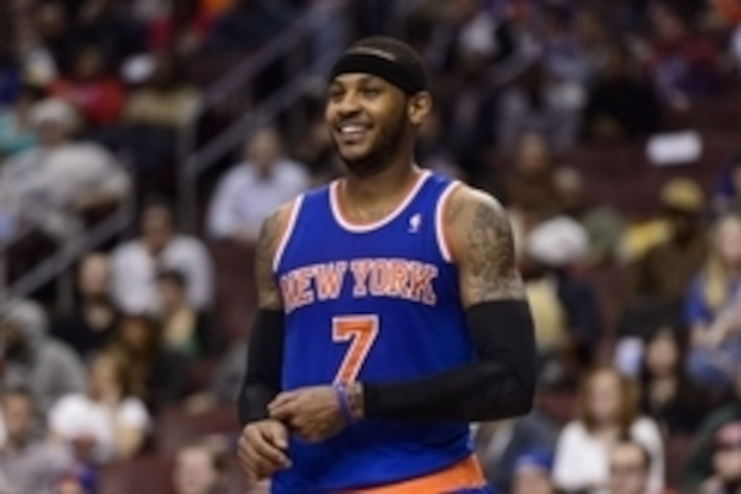 Mar 21, 2014; Philadelphia, PA, USA; New York Knicks forward Carmelo Anthony (7) during the second quarter against the Philadelphia 76ers at the Wells Fargo Center. The Knicks defeated the Sixers 93-92. Mandatory Credit: Howard Smith-USA TODAY Sports