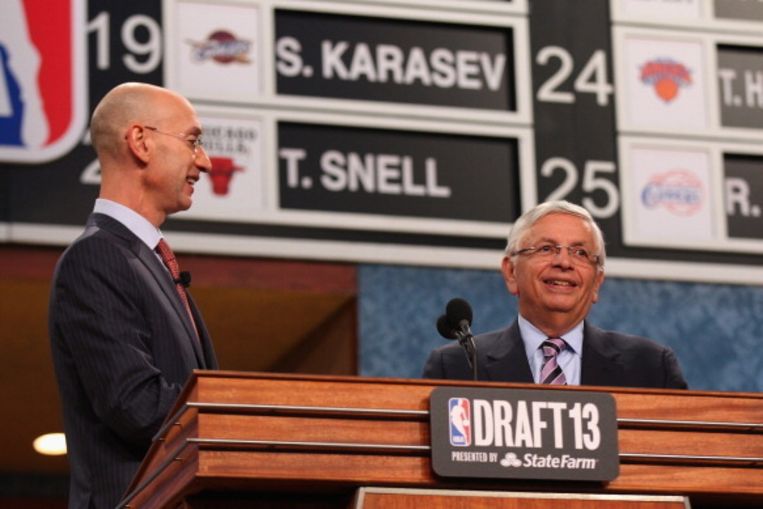NEW YORK, NY - JUNE 27:  Newly appointed NBA Commissioner Adam Silver speaks on stage with current NBA Commissoner David Stern during the 2013 NBA Draft at Barclays Center on June 27, 2013 in in the Brooklyn Bourough of New York City.  NOTE TO USER: User 