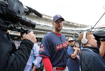 Jul 14, 2014; Minneapolis, MN, USA; National League pitcher Adam Wainwright (50) of the St. Louis Cardinals takes the field for workout day the day before the 2014 MLB All Star Game at Target Field. Mandatory Credit: Jerry Lai-USA TODAY Sports