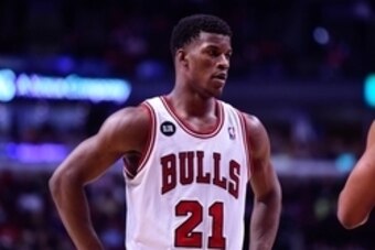 Apr 14, 2014; Chicago, IL, USA; Chicago Bulls guard Jimmy Butler (21) during the second half at the United Center. Mandatory Credit: Mike DiNovo-USA TODAY Sports