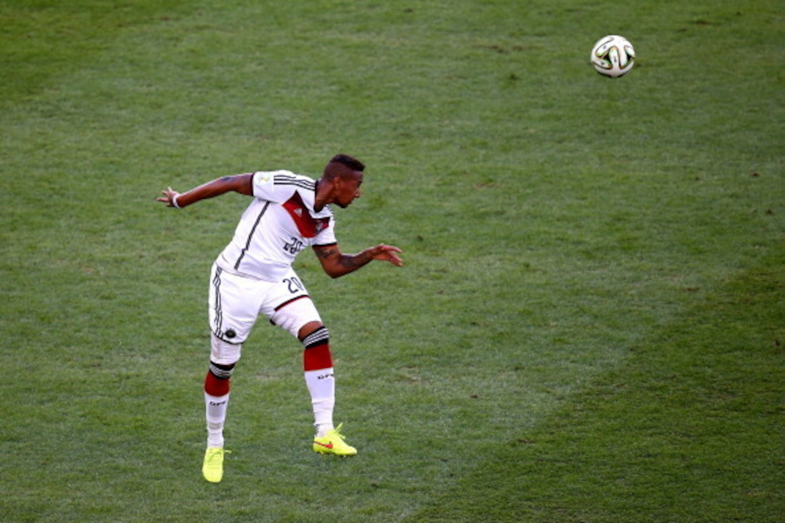 RIO DE JANEIRO, BRAZIL - JULY 13: Jerome Boateng of Germany heads the ball during the 2014 FIFA World Cup Brazil Final match between Germany and Argentina at Maracana on July 13, 2014 in Rio de Janeiro, Brazil.  (Photo by Robert Cianflone/Getty Images)