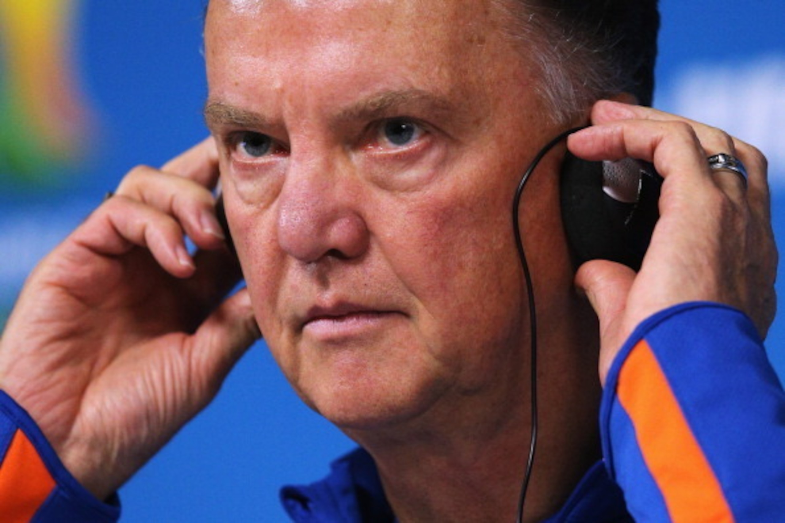 SAO PAULO, BRAZIL - JULY 08:  Head coach, Louis van Gaal speaks to the media during the Netherlands Press Conference at the 2014 FIFA World Cup Brazil held at the Arena de Sao Paulo on July 8, 2014 in Sao Paulo, Brazil.  (Photo by Dean Mouhtaropoulos/Gett