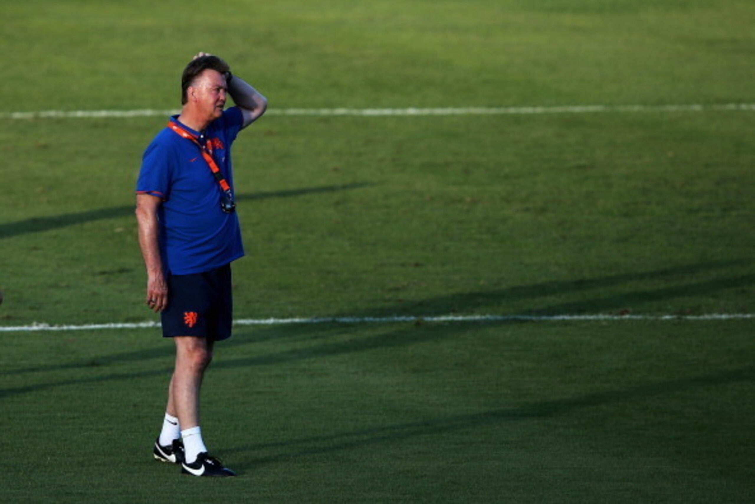RIO DE JANEIRO, BRAZIL - JULY 06:  Head coach Louis van Gaal looks on during the Netherlands training session at the 2014 FIFA World Cup Brazil held at the Estadio Jose Bastos Padilha Gavea on July 6, 2014 in Rio de Janeiro, Brazil.  The Netherlands will 