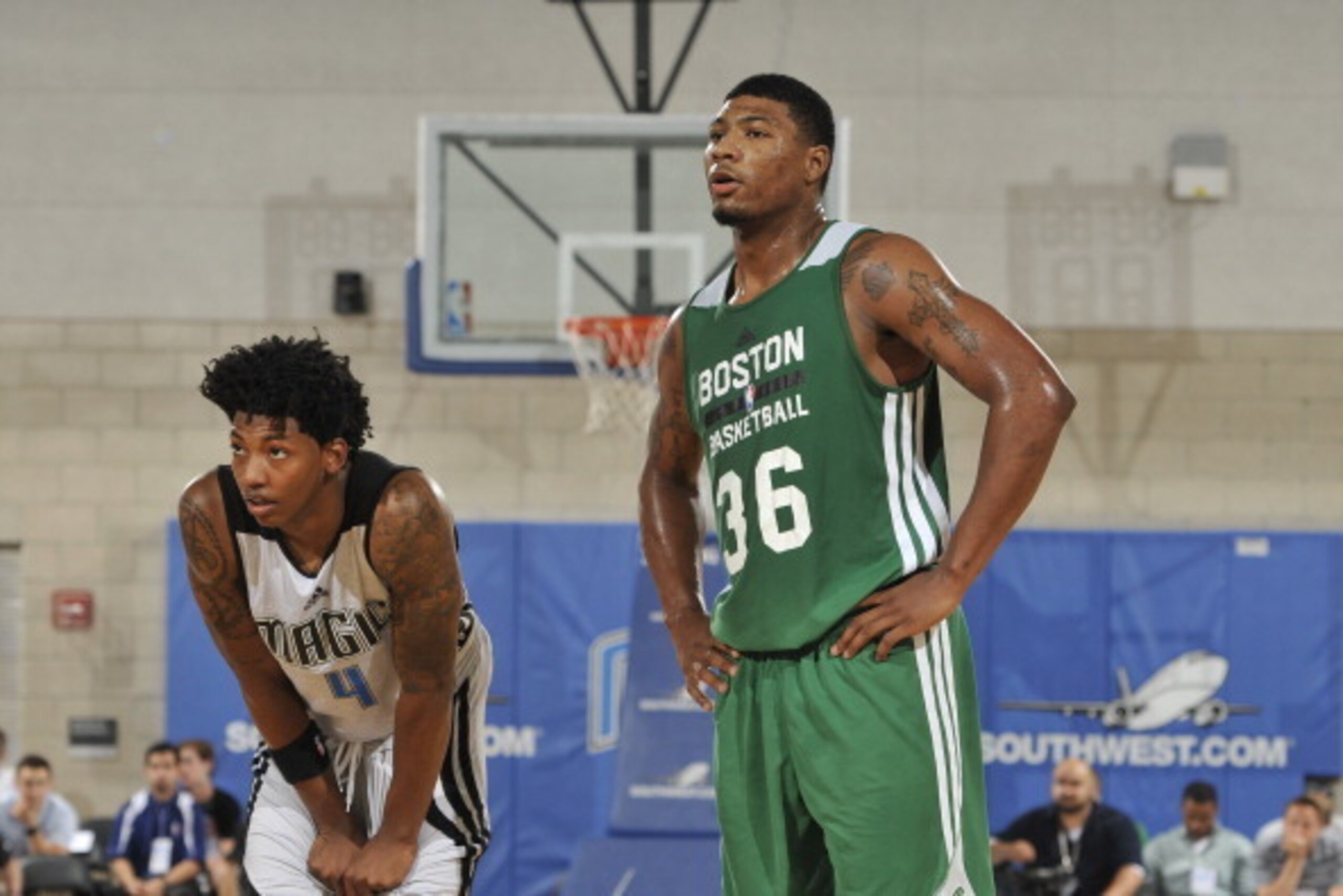 ORLANDO, FL - JULY 10: Marcus Smart #36 of the Boston Celtics and Elfrid Payton #4 of the Orlando Magic on the court during the Samsung NBA Summer League 2014 on July 10, 2014 at Amway Center in Orlando, Florida. NOTE TO USER: User expressly acknowledges 