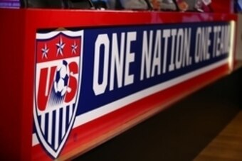 Jun 20, 2014; Sao Paulo, BRAZIL; Detailed view of the US Soccer logo during USA team training at Sao Paulo FC. Mandatory Credit: Mark J. Rebilas-USA TODAY Sports