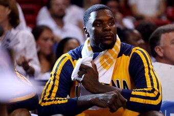 MIAMI, FL - MAY 30: Lance Stephenson #1 of the Indiana Pacers looks on from the bench against the Miami Heat during Game Six of the Eastern Conference Finals of the 2014 NBA Playoffs at American Airlines Arena on May 30, 2014 in Miami, Florida.  NOTE TO U