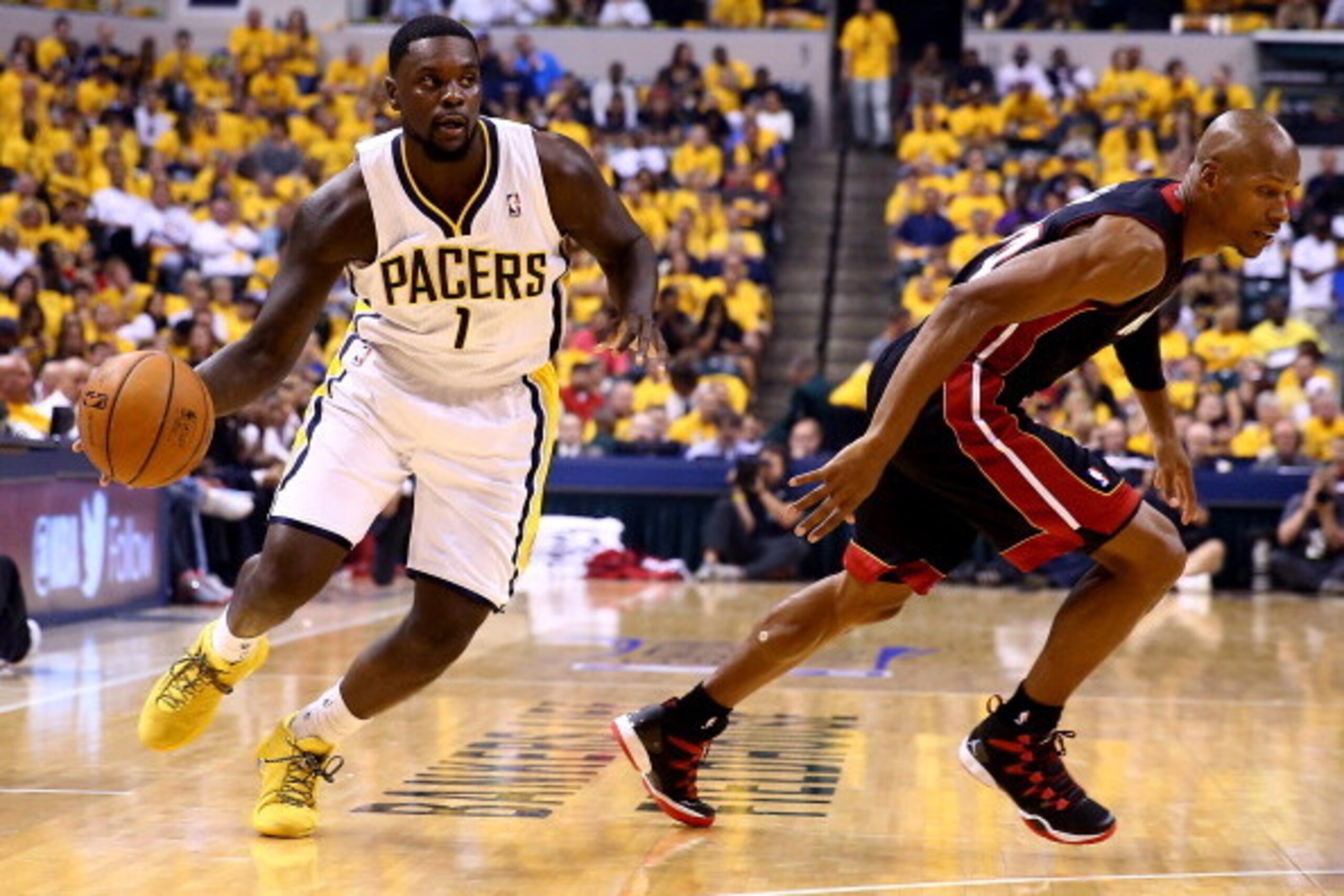INDIANAPOLIS, IN - MAY 28: Lance Stephenson #1 of the Indiana Pacers drives to the basket as Ray Allen #34 of the Miami Heat defends during Game Five of the Eastern Conference Finals of the 2014 NBA Playoffs at Bankers Life Fieldhouse on May 28, 2014 in I INDIANAPOLIS, IN - MAY 28: Lance Stephenson #1 of the Indiana Pacers drives to the basket as Ray Allen #34 of the Miami Heat defends during Game Five of the Eastern Conference Finals of the 2014 NBA Playoffs at Bankers Life Fieldhouse on May 28, 2014 in I
