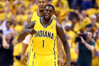 INDIANAPOLIS, IN - MAY 20:  Lance Stephenson #1 of the Indiana Pacers celebrates after making a basket against the Miami Heat during Game Two of the Eastern Conference Finals of the 2014 NBA Playoffs at at Bankers Life Fieldhouse on May 20, 2014 in Indian