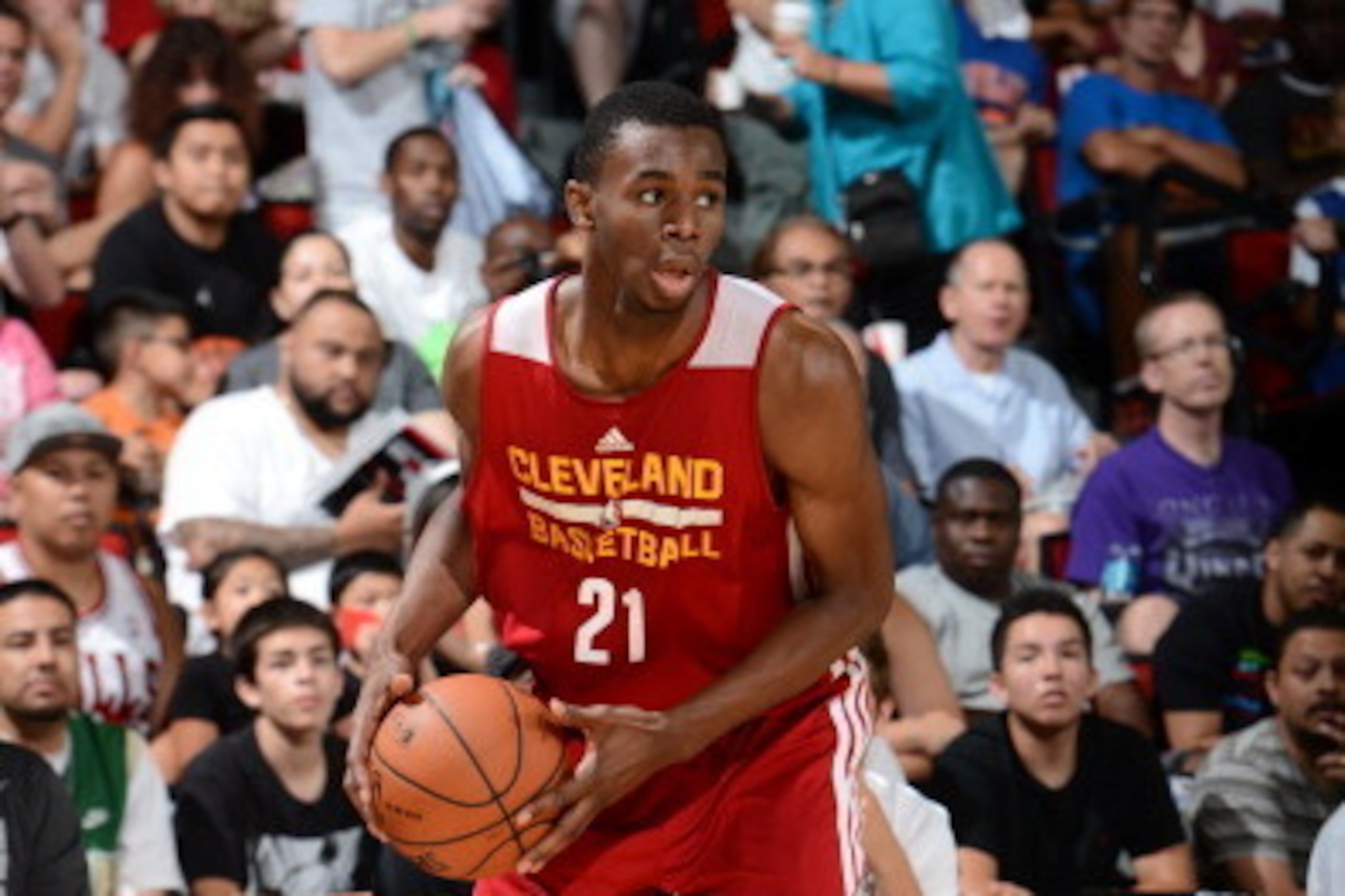 LAS VEGAS, NV - JULY 13:  Andrew Wiggins #21 of the Cleveland Cavaliers handles the ball against the San Antonio Spurs at the Samsung NBA Summer League 2014 on July 13, 2014 at the Cox Pavilion in Las Vegas, Nevada. NOTE TO USER: User expressly acknowledg