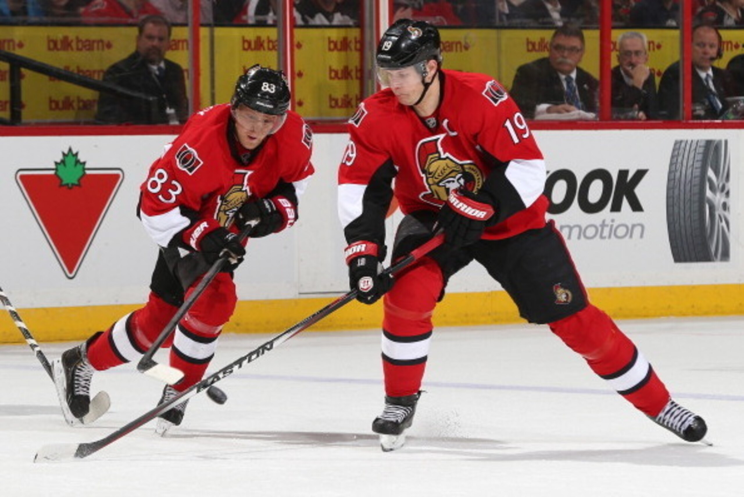 OTTAWA, ON - APRIL 10: Ales Hemsky #83 and Jason Spezza #19 of the Ottawa Senators pass the puck against the New Jersey Devils at Canadian Tire Centre on April 10, 2014 in Ottawa, Ontario, Canada.  (Photo by Andre Ringuette/NHLI via Getty Images)
