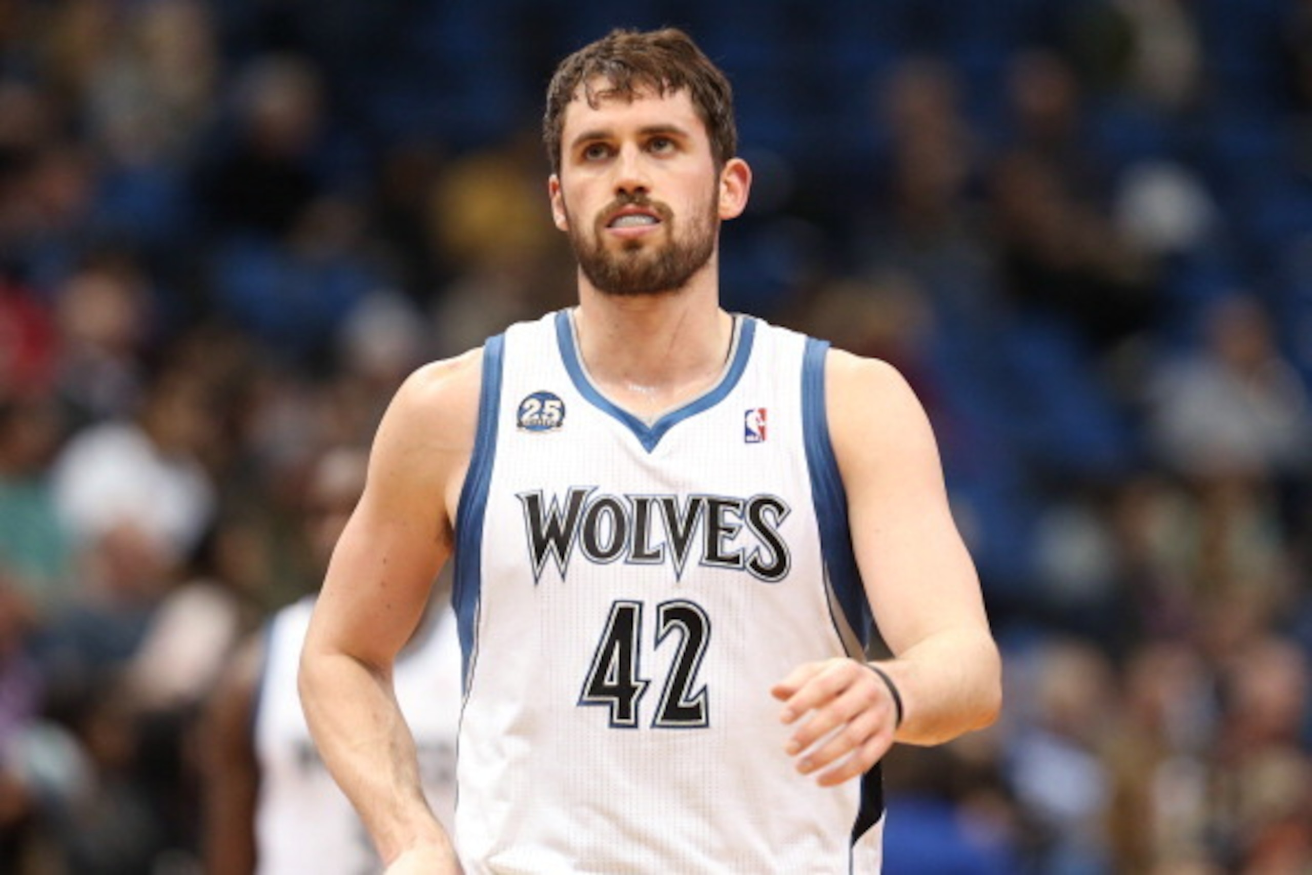 MINNEAPOLIS, MN - MARCH 26: Kevin Love #42 of the Minnesota Timberwolves on the court during the game against the Atlanta Hawks on March 26, 2014 at Target Center in Minneapolis, Minnesota. NOTE TO USER: User expressly acknowledges and agrees that, by dow MINNEAPOLIS, MN - MARCH 26: Kevin Love #42 of the Minnesota Timberwolves on the court during the game against the Atlanta Hawks on March 26, 2014 at Target Center in Minneapolis, Minnesota. NOTE TO USER: User expressly acknowledges and agrees that, by dow