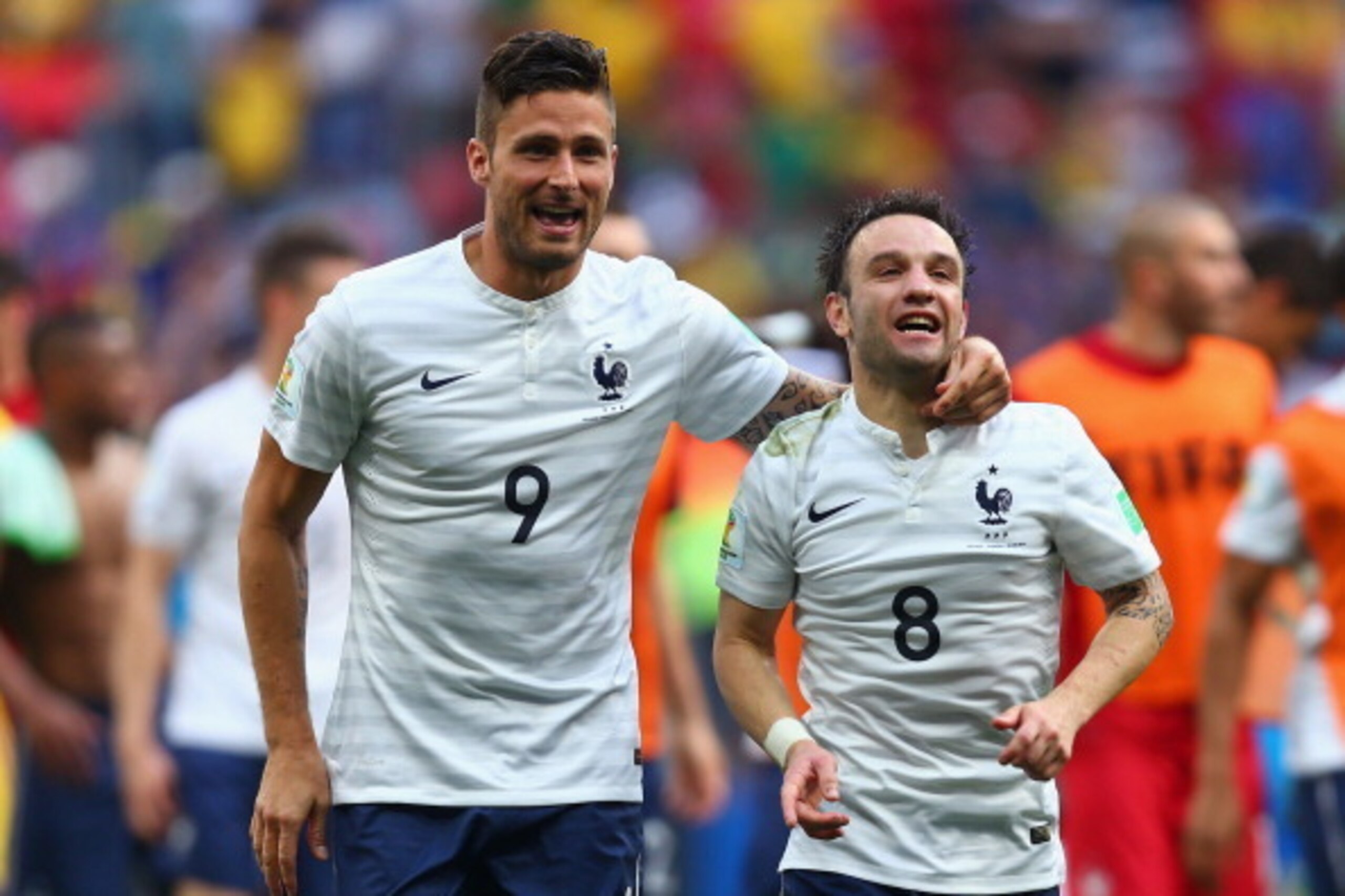 BRASILIA, BRAZIL - JUNE 30:  Olivier Giroud (L) and  Mathieu Valbuena of France celebrate after defeating Nigeria 2-0 during the 2014 FIFA World Cup Brazil Round of 16 match between France and Nigeria at Estadio Nacional on June 30, 2014 in Brasilia, Braz