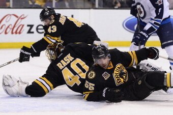 BOSTON, MA - JANUARY 4: Matt Bartkowski #43, Tuukka Rask #40 and Johnny Boychuk #55 of the Boston Bruins try to stop the puck against the Winnipeg Jets at the TD Garden on January 4, 2014 in Boston, Massachusetts. (Photo by Brian Babineau/NHLI via Getty BOSTON, MA - JANUARY 4: Matt Bartkowski #43, Tuukka Rask #40 and Johnny Boychuk #55 of the Boston Bruins try to stop the puck against the Winnipeg Jets at the TD Garden on January 4, 2014 in Boston, Massachusetts. (Photo by Brian Babineau/NHLI via Getty