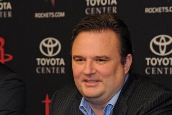 HOUSTON - June 30:  Houston Rockets GM Daryl Morey introduces the Rockets draft picks Clint Capela and Nick Johnson in Houston, Texas. NOTE TO USER: User expressly acknowledges and agrees that, by downloading and or using this photograph, User is consenti
