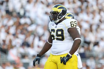 Oct 12, 2013; University Park, PA, USA; Michigan Wolverines defensive tackle Willie Henry (69) during the second quarter against the Penn State Nittany Lions at Beaver Stadium. Penn State defeated Michigan 43-40 in overtime. Mandatory Credit: Matthew O'Ha