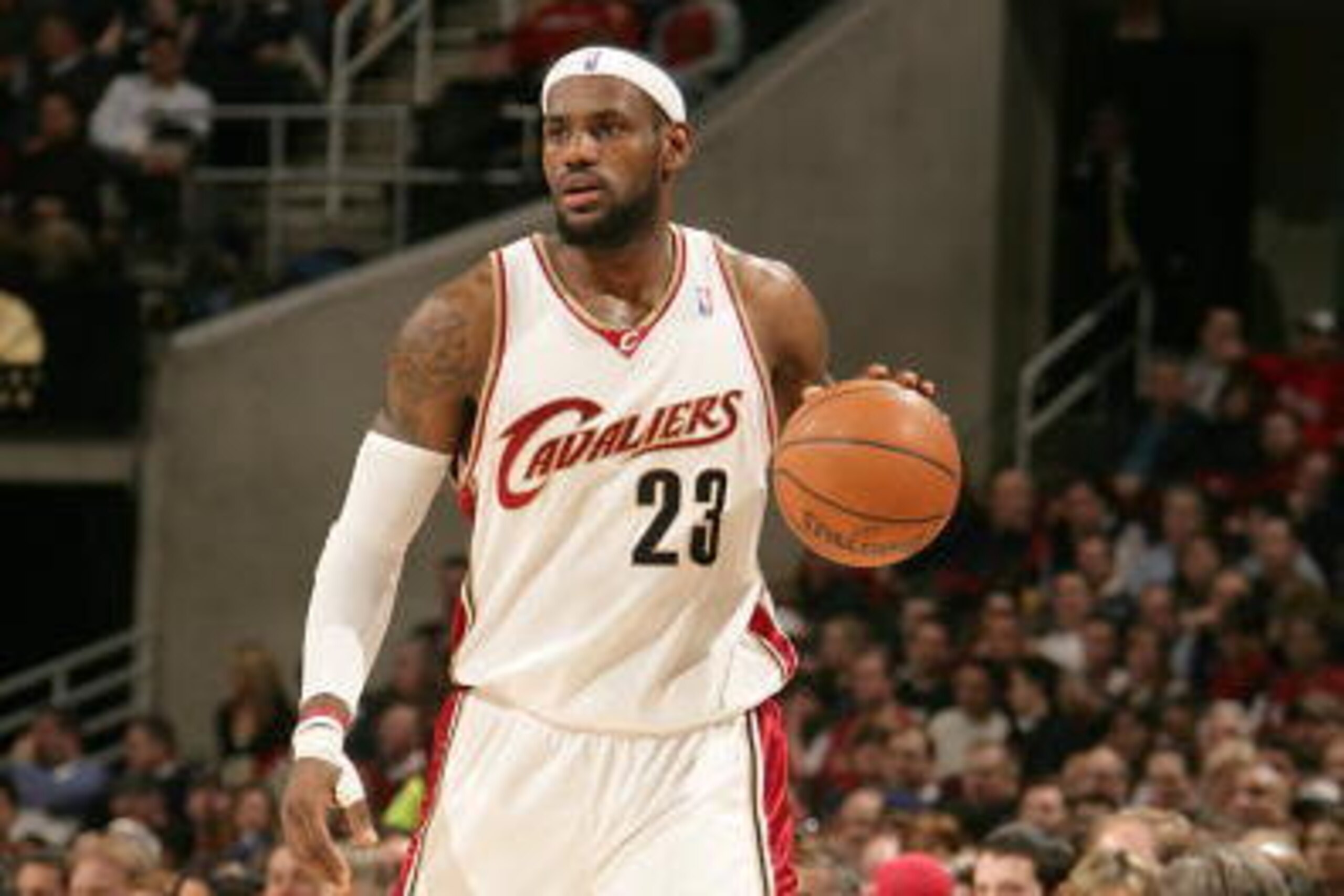 CLEVELAND - FEBRUARY 13:  LeBron James #23 of the Cleveland Cavaliers moves the ball during the NBA game against the San Antonio Spurs on February 13, 2008 at The Quicken Loans Arena in Cleveland, Ohio. The Spurs won 112-105. NOTE TO USER: User expressly 