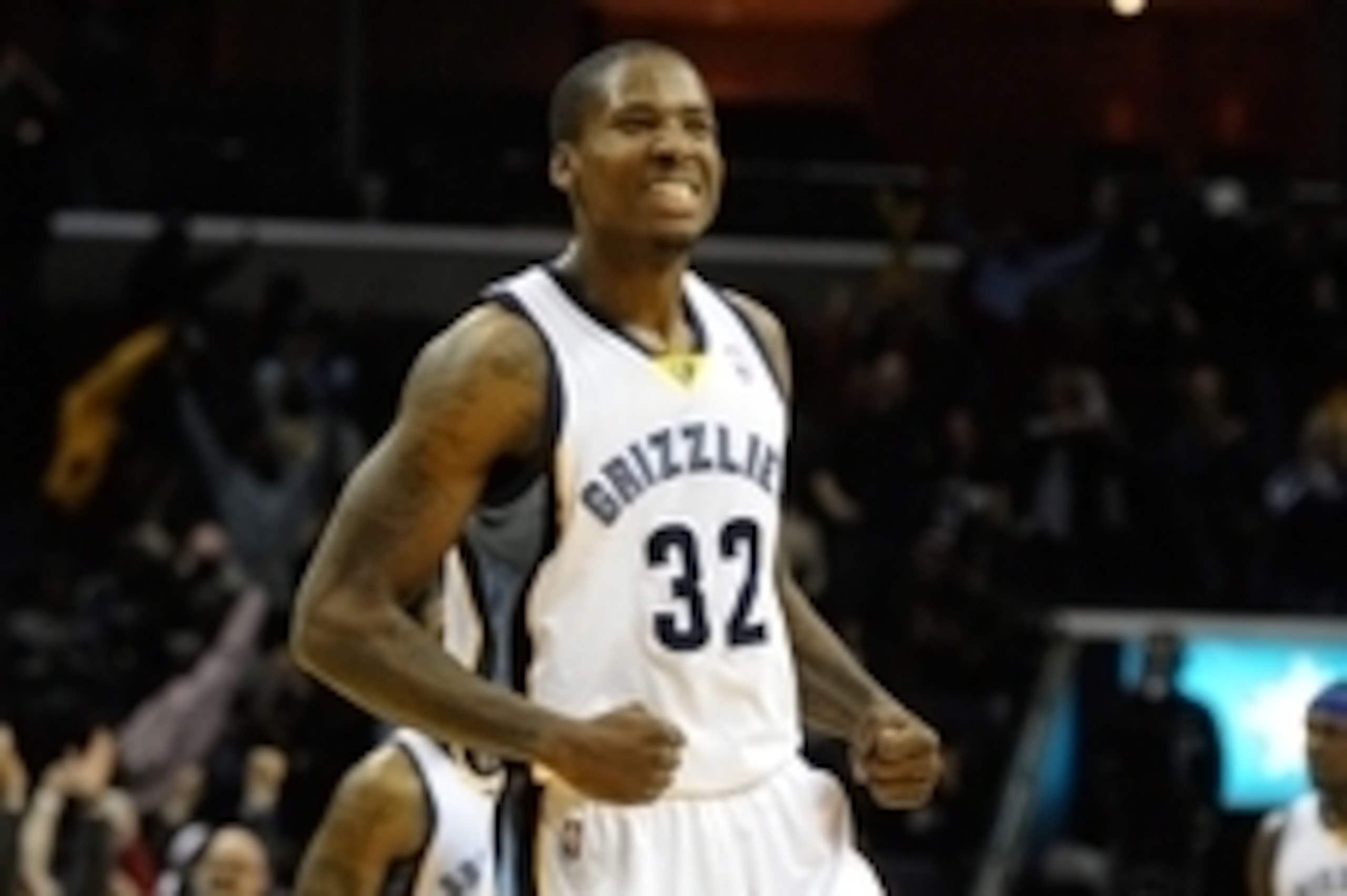 Jan 7, 2014; Memphis, TN, USA; Memphis Grizzlies power forward Ed Davis (32) celebrates after a play against the San Antonio Spurs during the fourth quarter at FedExForum. the San Antonio Spurs beat the Memphis Grizzlies 110 - 108 Mandatory Credit: Justin