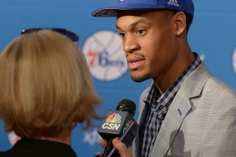 PHILADELPHIA, PA - JUNE 28:  K.J. McDaniels #11 of the Philadelphia 76ers speaks to the media after being drafted by the Philadelphia 76ers at the Wells Fargo Center on June 28, 2014 in the Philadelphia, Pennsylvania. NOTE TO USER: User expressly acknowle