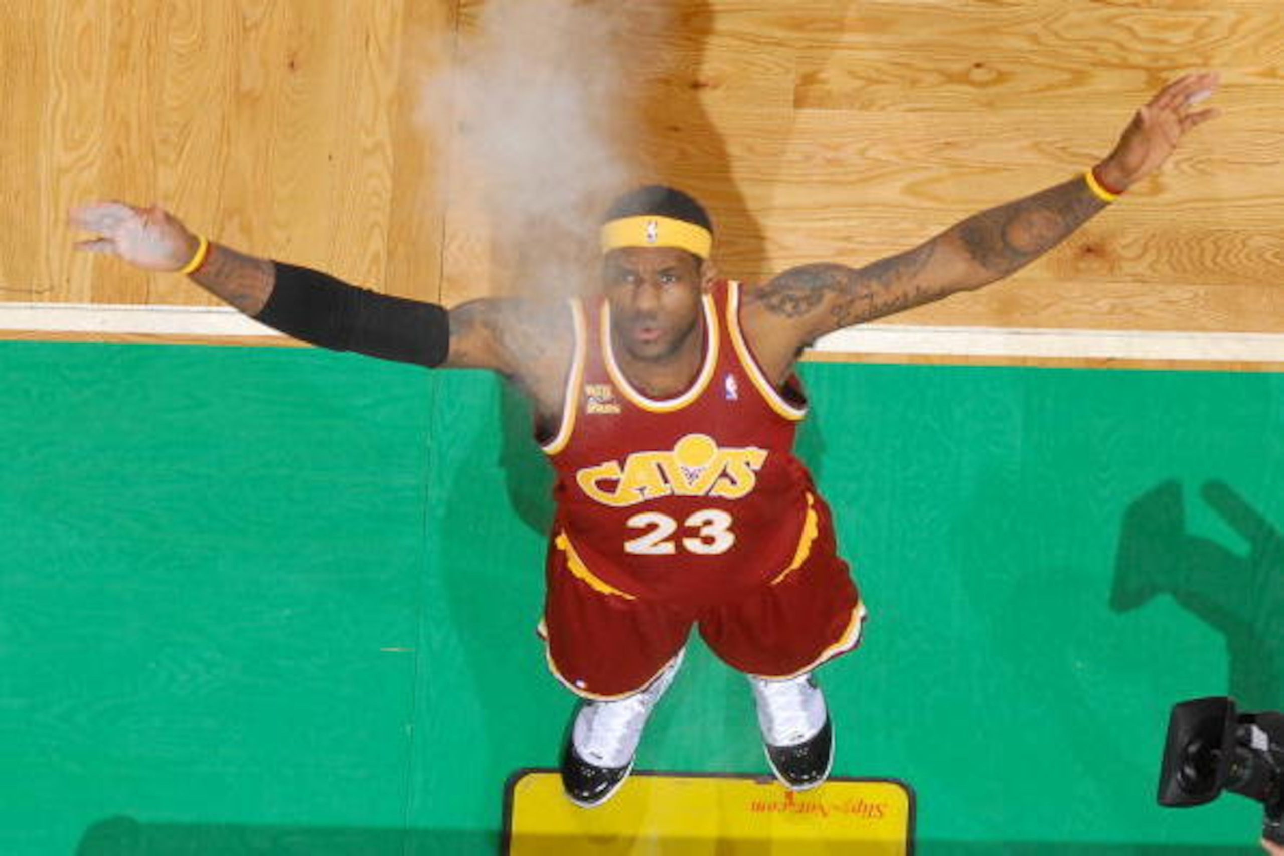 BOSTON - MAY 7: LeBron James #23 of the Cleveland Cavaliers gets ready before the game against the Boston Celtics in Game Three of the Eastern Conference Semifinals during the 2010 NBA Playoffs at TD Garden on May 7, 2010 in Boston, Massachusetts. NOTE TO