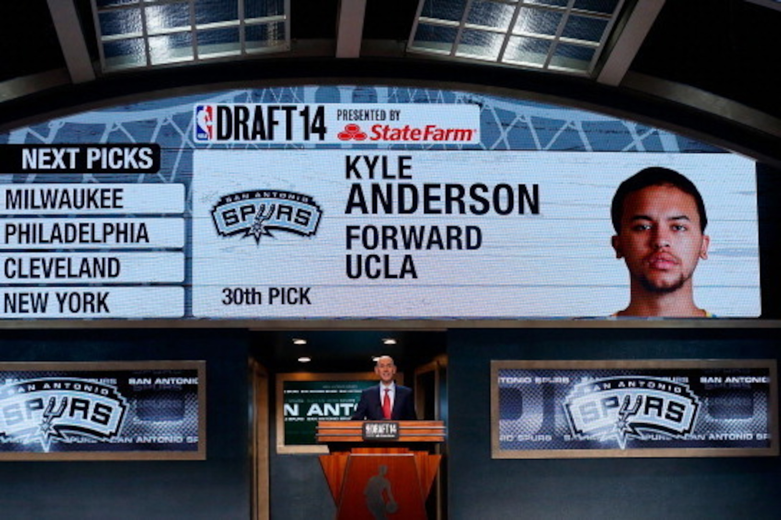 NEW YORK, NY - JUNE 26:  A video screen shows the selection of Kyle Anderson of UCLA as the #30 overall pick in the first round by the San Antonio Spurs during the 2014 NBA Draft at Barclays Center on June 26, 2014 in the Brooklyn borough of New York City