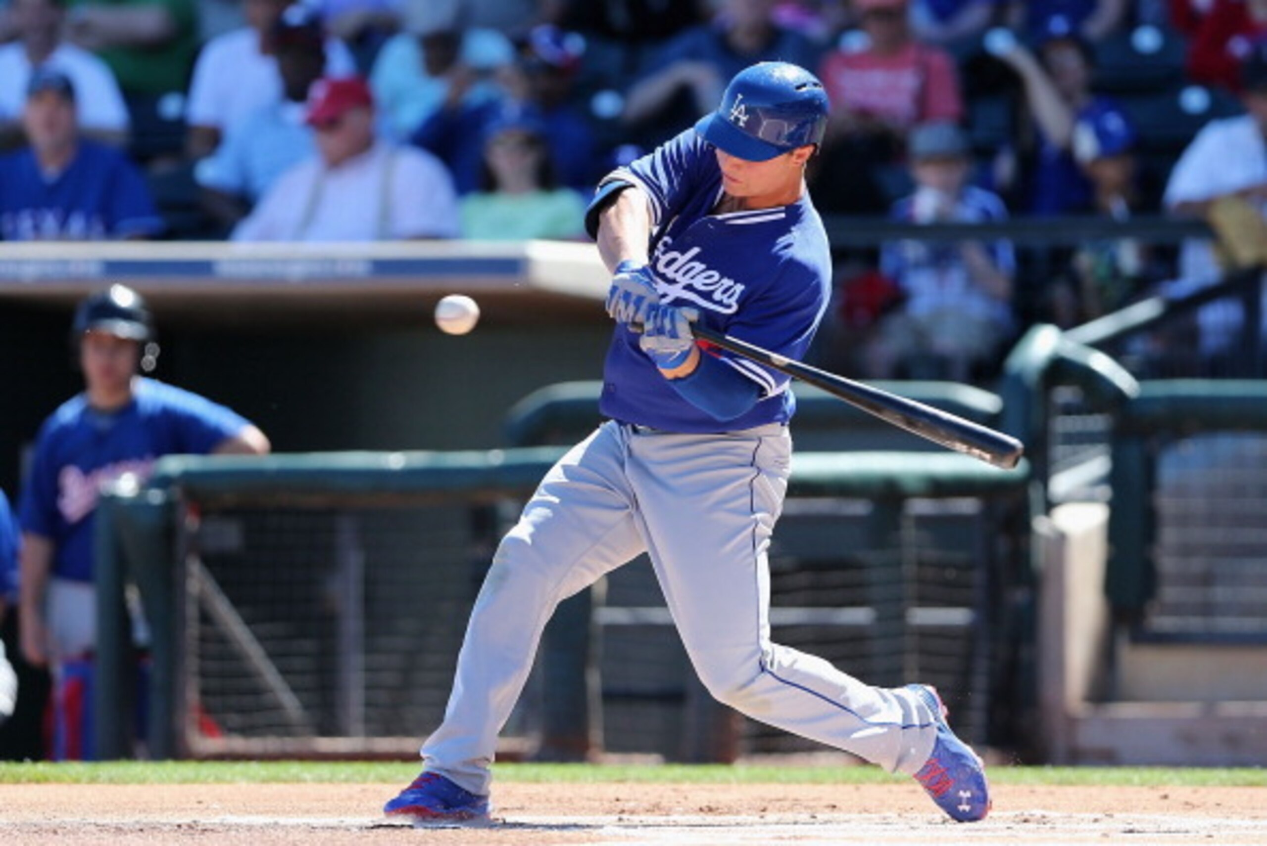 SURPRISE, AZ - MARCH 08:  Joc Pederson #65 of the Los Angeles Dodgers bats against the Texas Rangers during the spring training game at Surprise Stadium on March 8, 2014 in Surprise, Arizona.  (Photo by Christian Petersen/Getty Images)