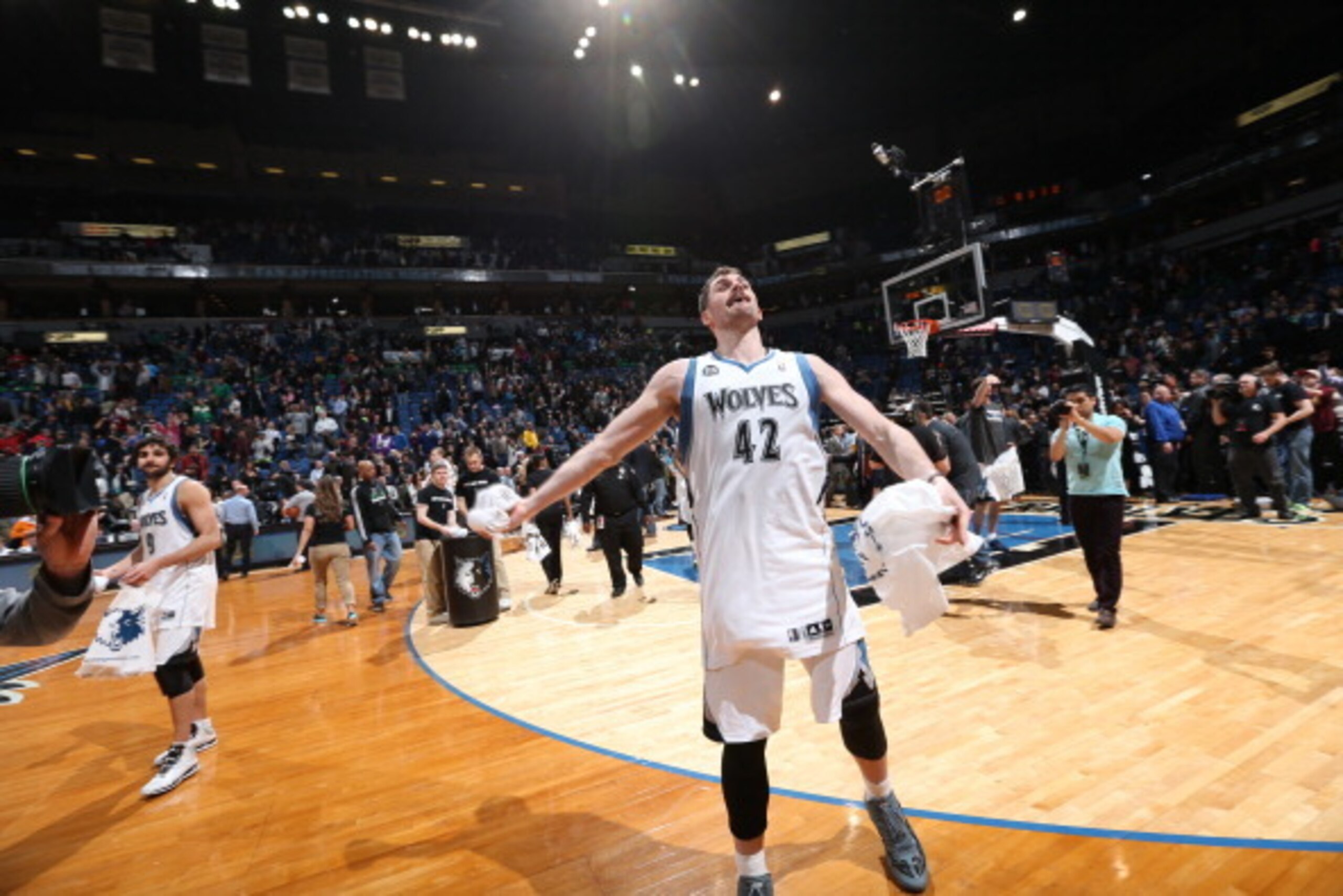MINNEAPOLIS, MN - April 16: Kevin Love #42 of the Minnesota Timberwolves gets pumped up against the Utah Jazz during the game on April 16, 2014 at Target Center in Minneapolis, Minnesota. NOTE TO USER: User expressly acknowledges and agrees that, by downl