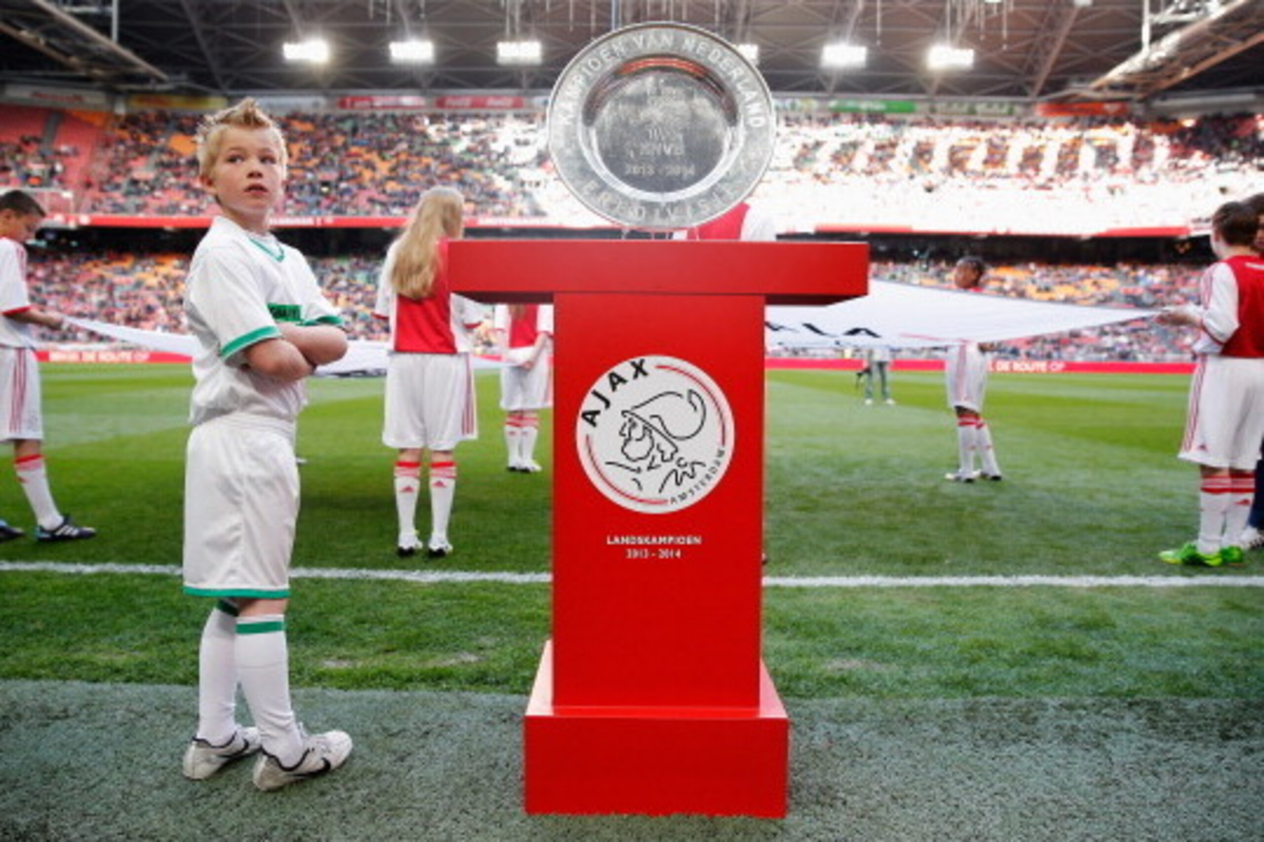 AMSTERDAM, NETHERLANDS - MAY 03:  A detailed look at the Champions of the Netherlands trophy prior to the Eredivisie match between Ajax Amsterdam and NEC Nijmegen at Amsterdam Arena on May 3, 2014 in Amsterdam, Netherlands.  (Photo by Dean Mouhtaropoulos/