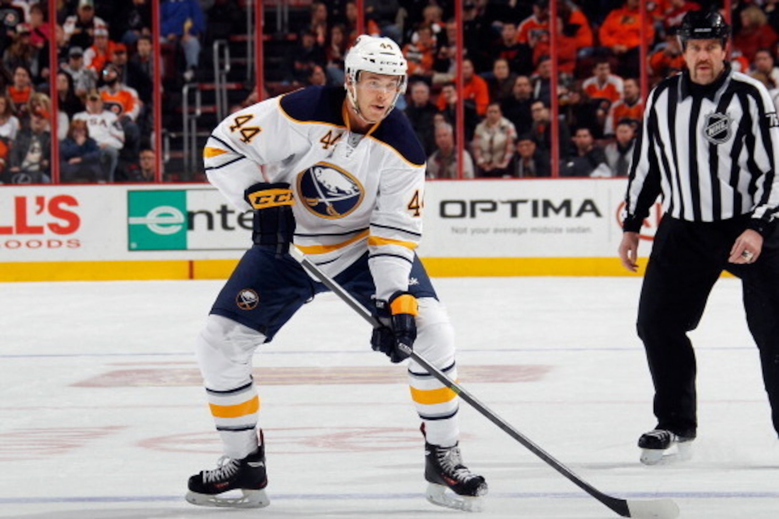 PHILADELPHIA, PA - NOVEMBER 21:  Brayden McNabb #44 of the Buffalo Sabres skates against the Philadelphia Flyers at the Wells Fargo Center on November 21, 2013 in Philadelphia, Pennsylvania. The Flyers defeated the Sabres 4-1.  (Photo by Bruce Bennett/Get