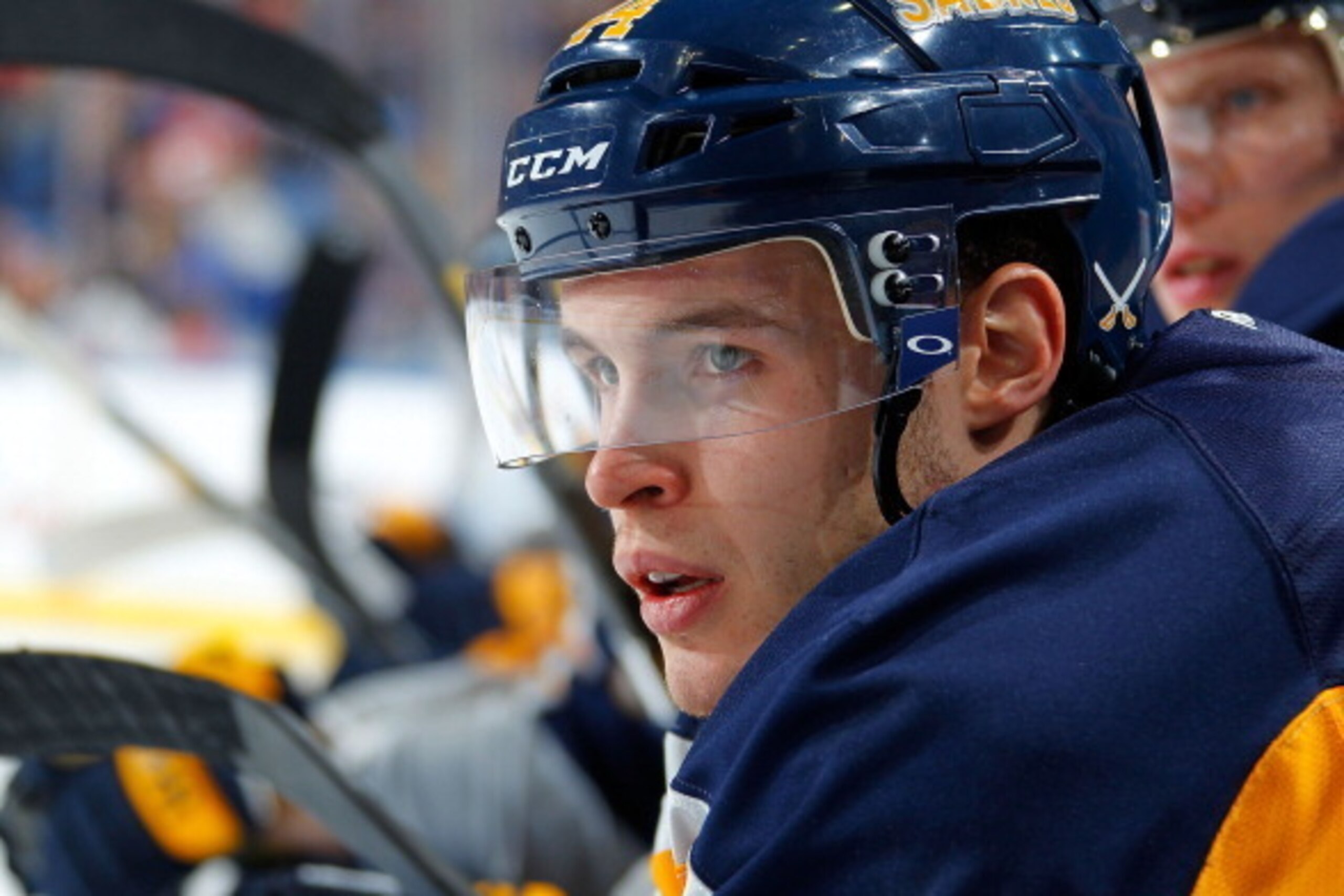BUFFALO, NY - DECEMBER 14: Brayden McNabb #44 of the Buffalo Sabres watches the action against the Calgary Flames on December 14, 2013 at the First Niagara Center in Buffalo, New York.  (Photo by Bill Wippert/NHLI via Getty Images)