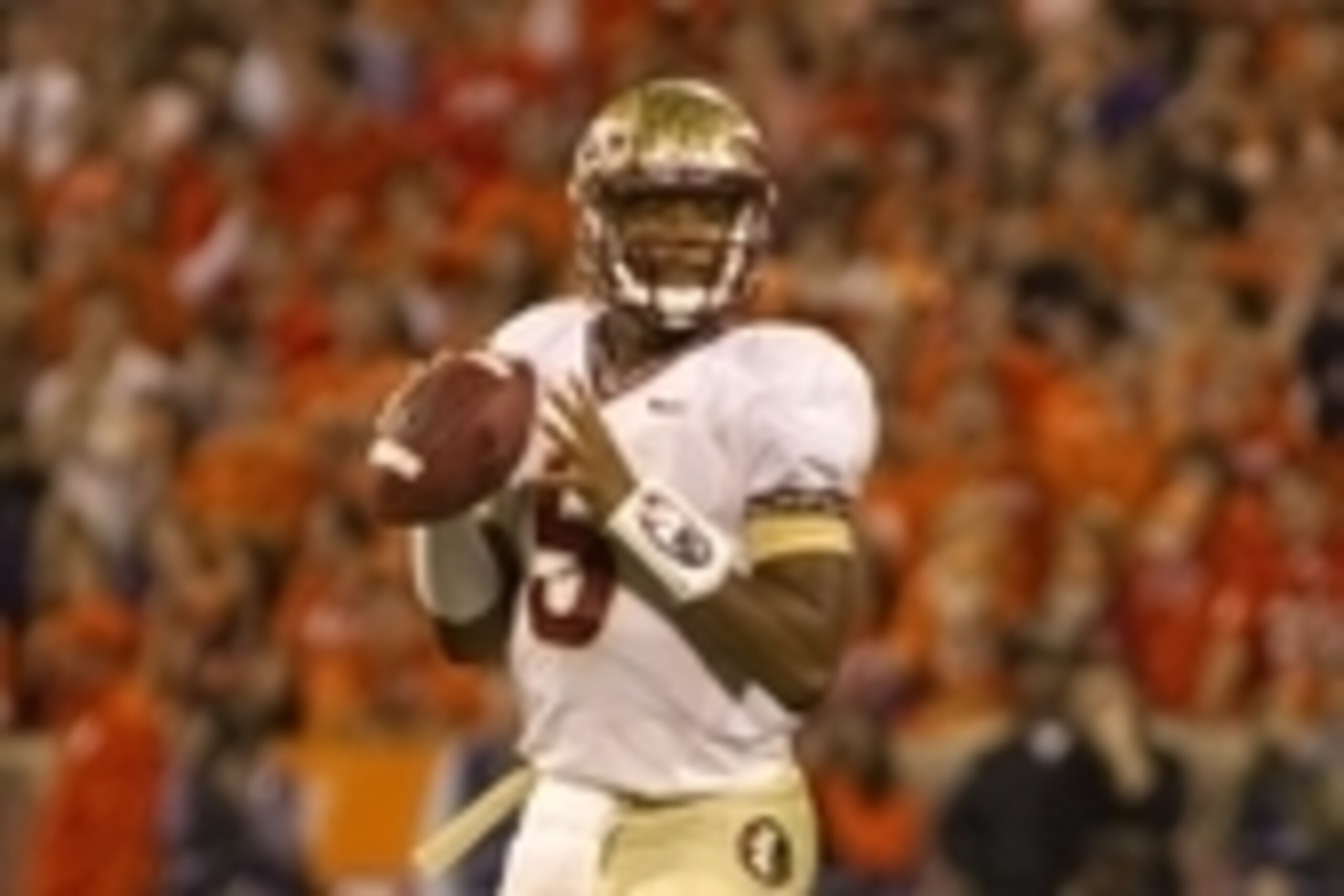 Oct 19, 2013; Clemson, SC, USA; Florida State Seminoles quarterback Jameis Winston (5) throws the ball during the second half against the Clemson Tigers at Clemson Memorial Stadium. Seminoles won 51-14. Mandatory Credit: Joshua S. Kelly-USA TODAY Sports