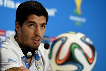 NATAL, BRAZIL - JUNE 23:  Luis Suarez of Uruguay looks on during press conference at the Dunas Arena in Natal on June 23, 2014 in Natal, Brazil.  (Photo by Claudio Villa/Getty Images)
