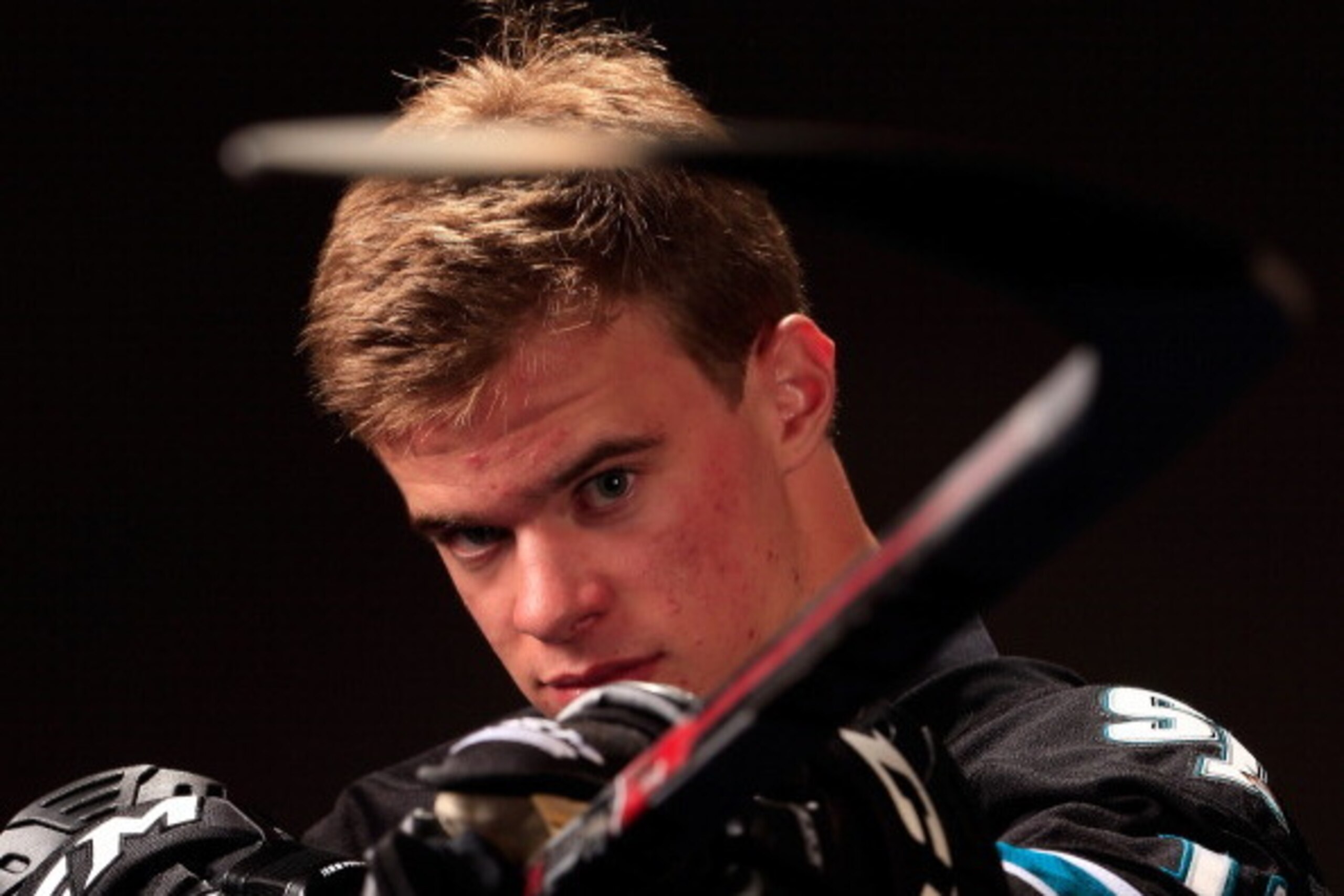 NEWARK, NJ - JUNE 30:  Mirco Mueller, 18th overall pick by the San Jose Sharks, poses for a portrait during the 2013 NHL Draft at the Prudential Center on June 30, 2013 in Newark, New Jersey.  (Photo by Jamie Squire/Getty Images)