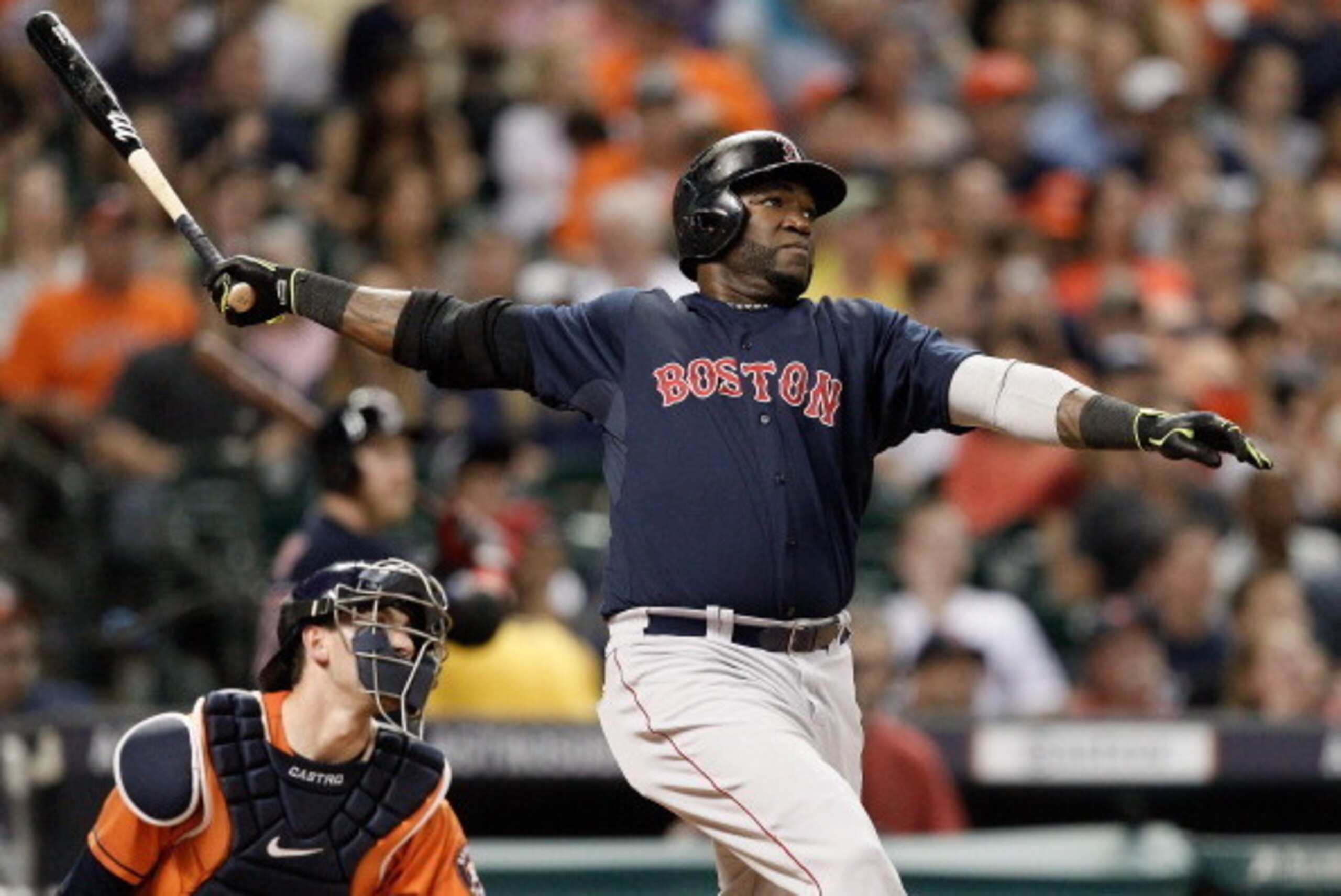 HOUSTON, TX - JULY 11:  David Ortiz #34 of the Boston Red Sox doubles, scoring three runs in the sixth inning against the Houston Astros at Minute Maid Park on July 11, 2014 in Houston, Texas.  (Photo by Bob Levey/Getty Images)