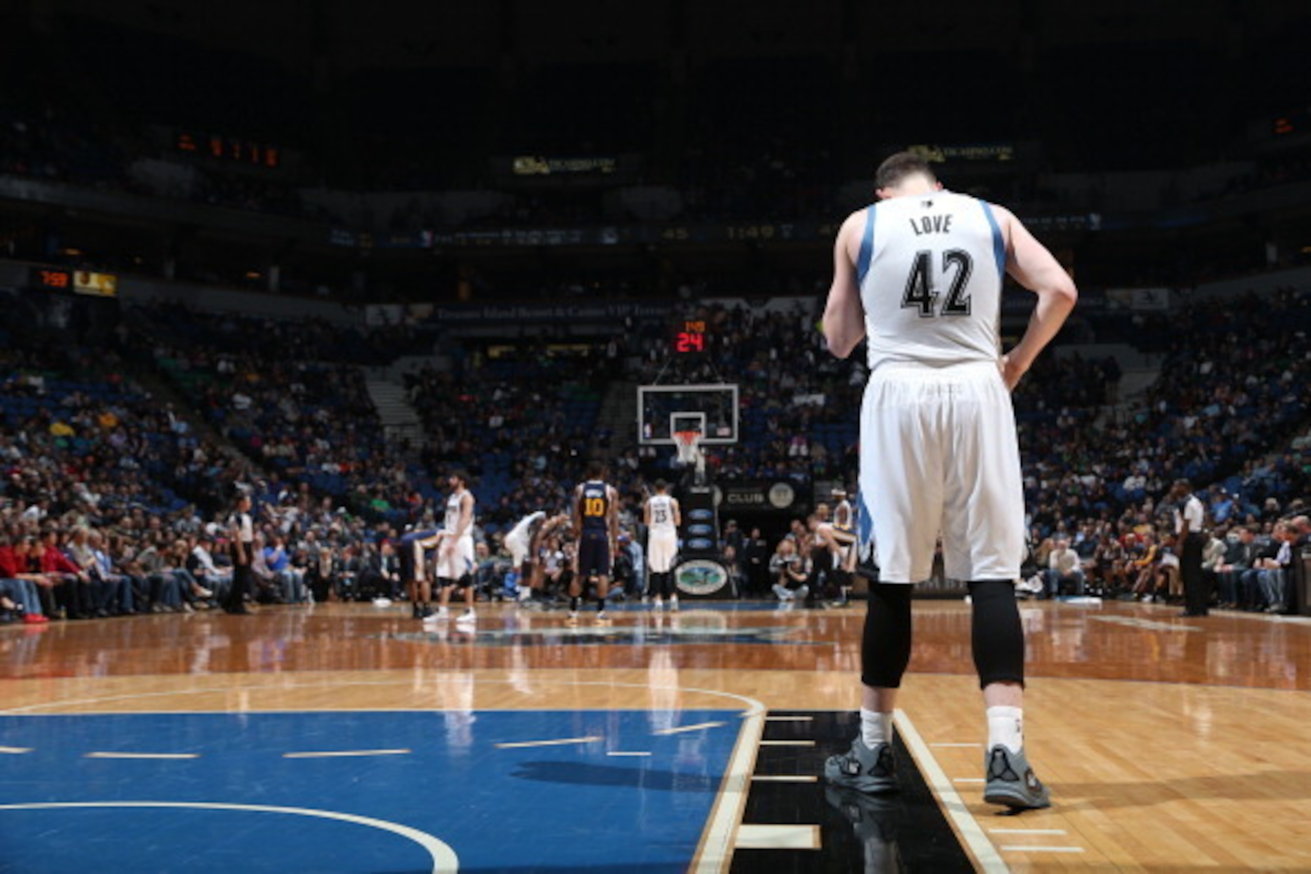 MINNEAPOLIS, MN - April 16: Kevin Love #42 of the Minnesota Timberwolves looks on against the Utah Jazz during the game on April 16, 2014 at Target Center in Minneapolis, Minnesota. NOTE TO USER: User expressly acknowledges and agrees that, by downloading