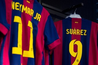 BARCELONA, SPAIN - JULY 12:  Shirts of new FC Barcelona player Luis Suarez are seen on display next to Neymar's shirts at the FC Barcelona official store on July 12, 2014 in Barcelona, Spain.  (Photo by David Ramos/Getty Images)