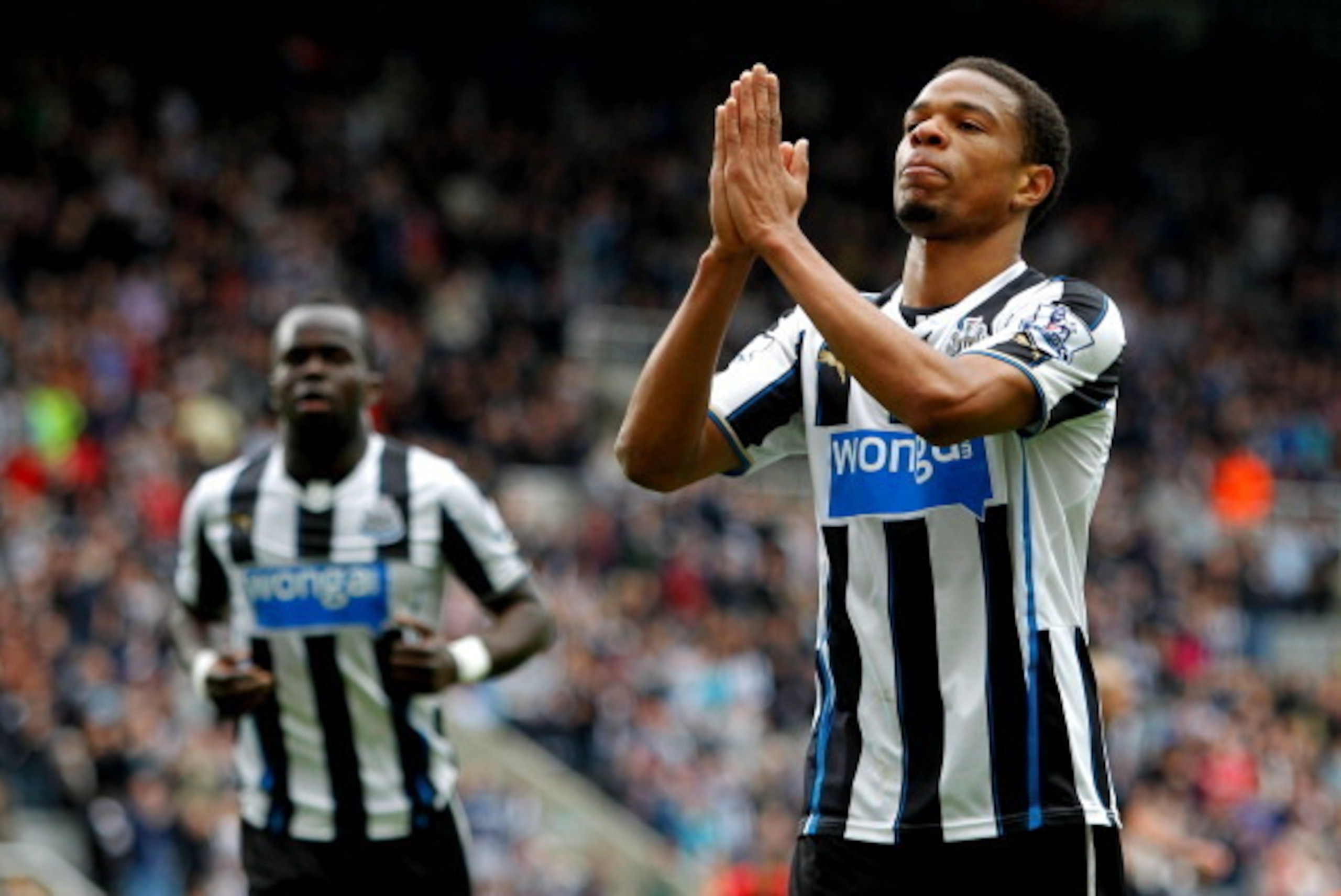 NEWCASTLE, ENGLAND-  May 03: Loic Remy of Newcastle celebrates scoring during the Barclays Premier League match between Newcastle United and Cardiff City at St. James'  Park on May 03, 2014  in Newcastle upon Tyne, England. (Photo by Richard Sellers/Getty