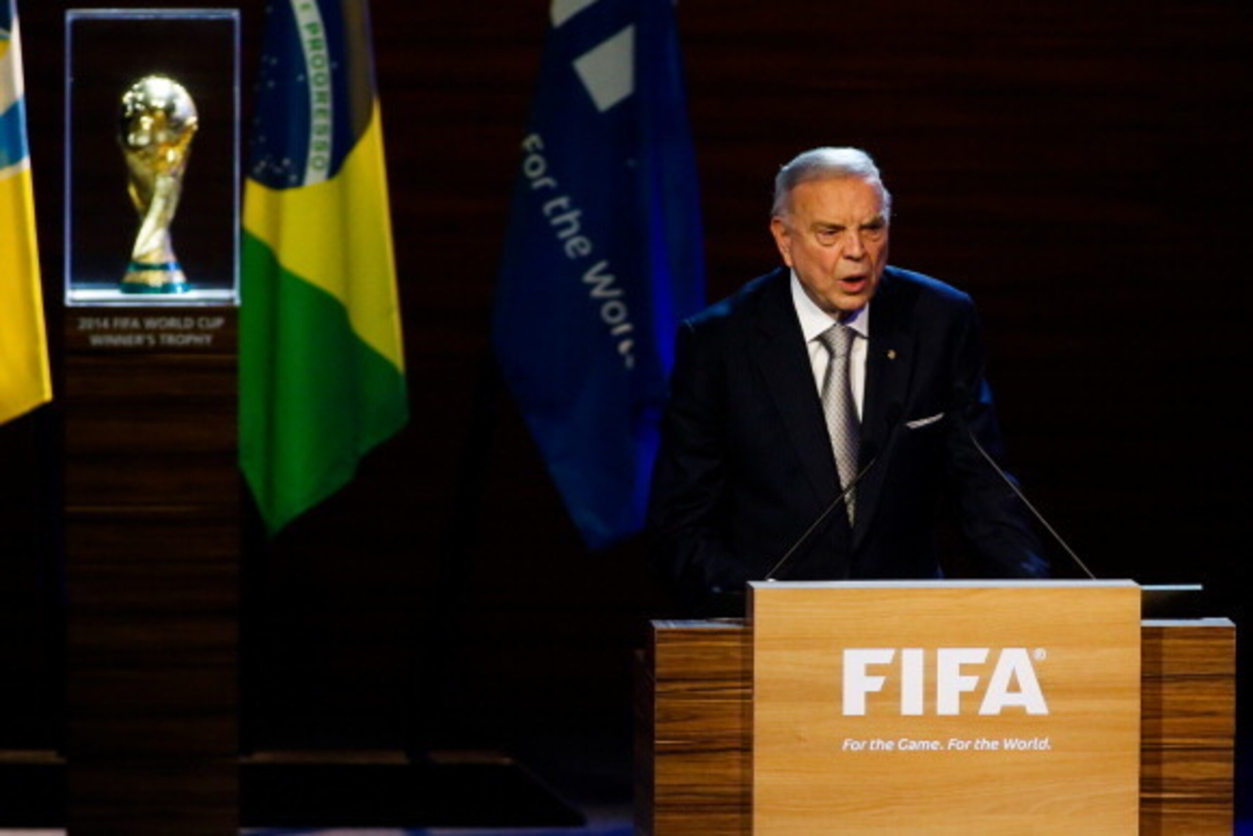 SAO PAULO, BRAZIL -  JUNE 11: President of CBF Jose Maria Marin speaks to the audience during the 64th FIFA Congress at the Expocenter Transamerica on June 11, 2014 in Sao Paulo, Brazil. (Photo by Alexandre Schneider/Getty Images)
