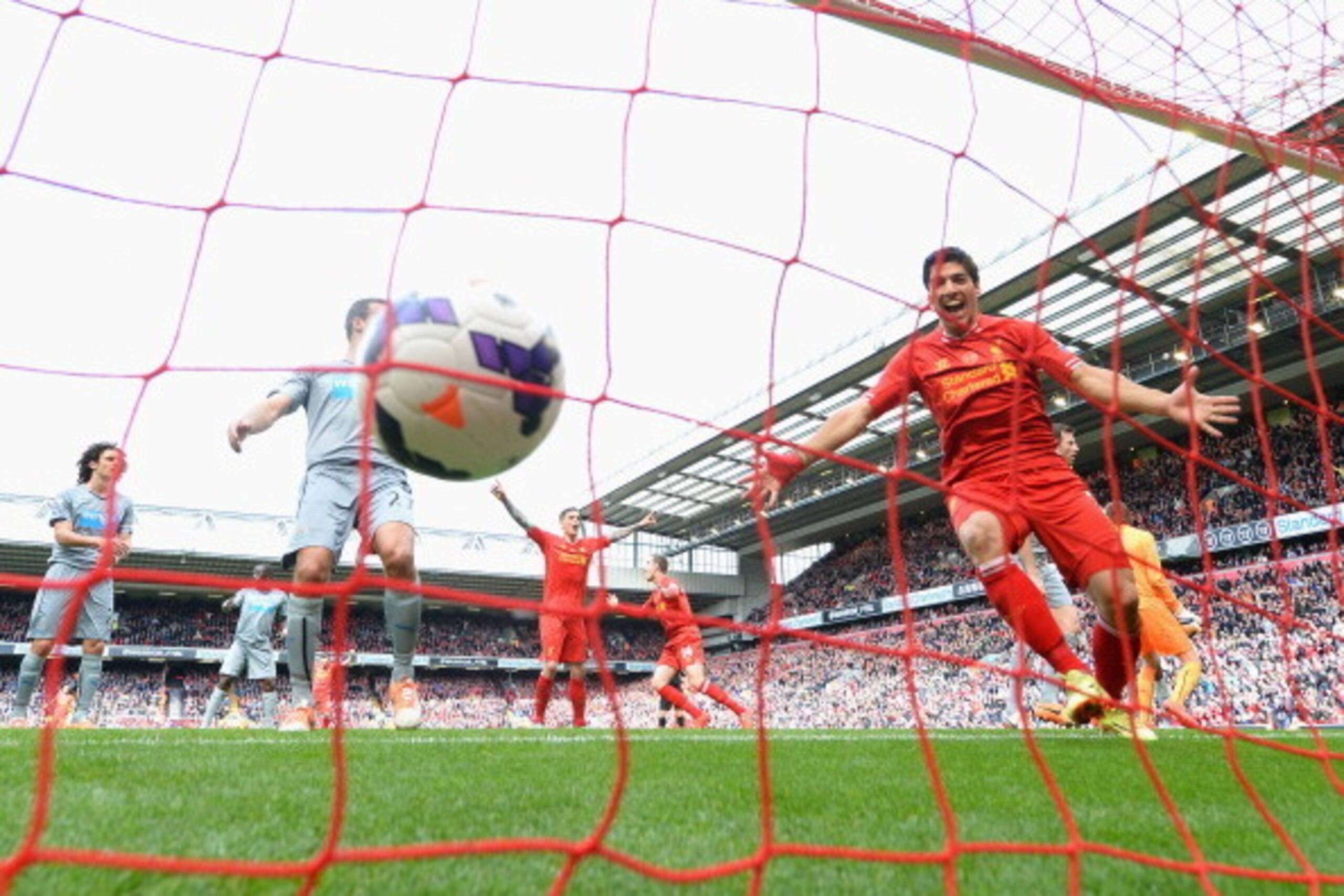 LIVERPOOL, ENGLAND - MAY 11:  Luis Suarez of Liverpool celebrates the second goal scored by Daniel Sturridge during the Barclays Premier League match between Liverpool and Newcastle United at Anfield on May 11, 2014 in Liverpool, England.  (Photo by Laure