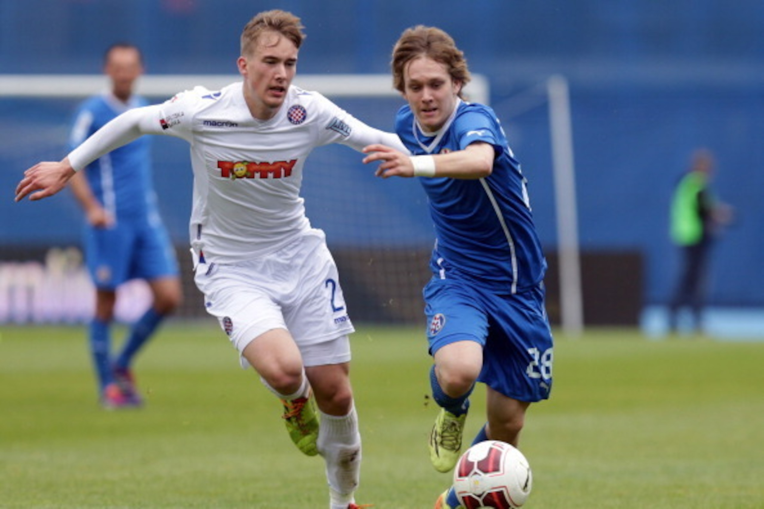 ZAGREB,CROATIA - MAY 17:  Alen Halilovic (R) of FC Dinamo Zagreb is challenged by Filip Bradaric (L) of FC Hajduk Split  during the Croatian Prva HNL Liga match between FC Dinamo Zagreb and FC Hajduk Split at the Maksimir Stadium on May. 17, 2014 in Zagre