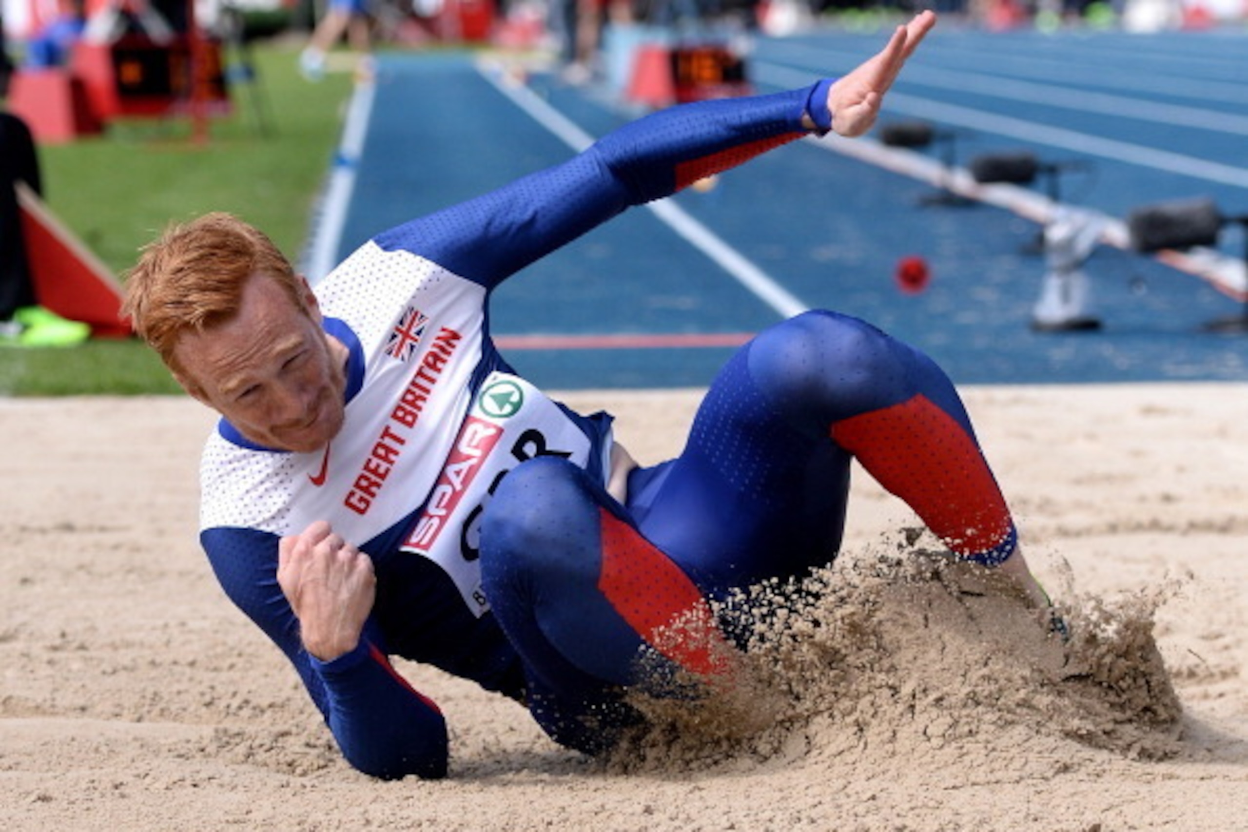 BRAUNSCHWEIG, GERMANY - JUNE 21:  Greg Rutherford of Great Britain competes in the Men's Long Jump during first day of the European Athletics Team Championship at Eintracht Stadion on June 21, 2014 in Braunschweig, Germany.  (Photo by Sascha Steinbach/Get