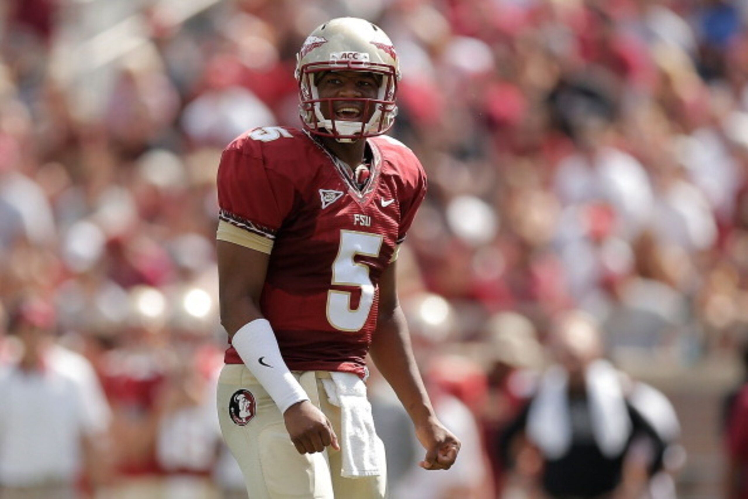 TALLAHASSEE, FL - APRIL 12:  Jameis Winston #5 of the Garnet team reacts to a pass against the Gold team during Florida State's Garnet and Gold spring game at Doak Campbell Stadium on April 12, 2014 in Tallahassee, Florida.  (Photo by Stacy Revere/Getty I