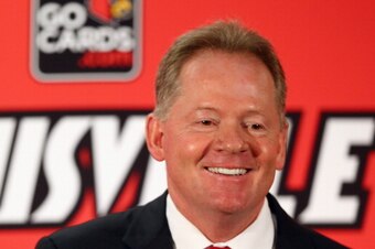 LOUISVILLE, KY - JANUARY 09:  Bobby Petrino talks to the media after being introduced as the head coach of the University of Louisville at Papa John's Cardinal Stadium on January 9, 2014 in Louisville, Kentucky.  (Photo by Andy Lyons/Getty Images)