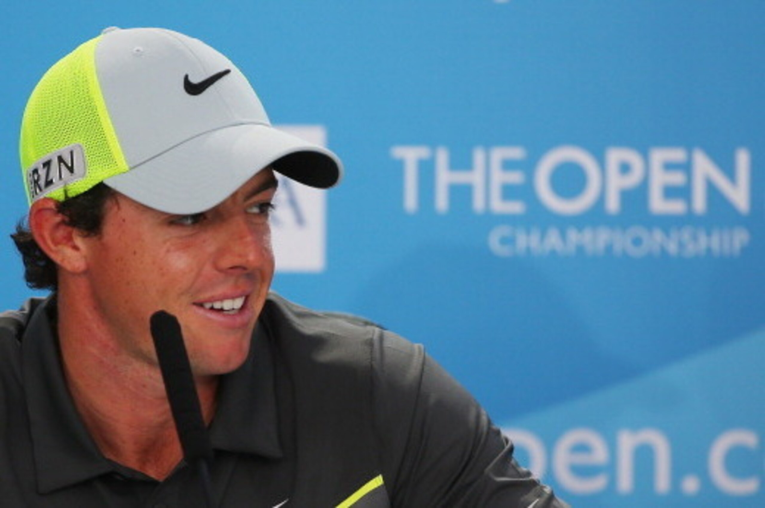 HOYLAKE, ENGLAND - JULY 18:  Rory McIlroy of Northern Ireland answers questions from the media after the second round of The 143rd Open Championship at Royal Liverpool on July 18, 2014 in Hoylake, England.  (Photo by Mike Ehrmann/Getty Images)