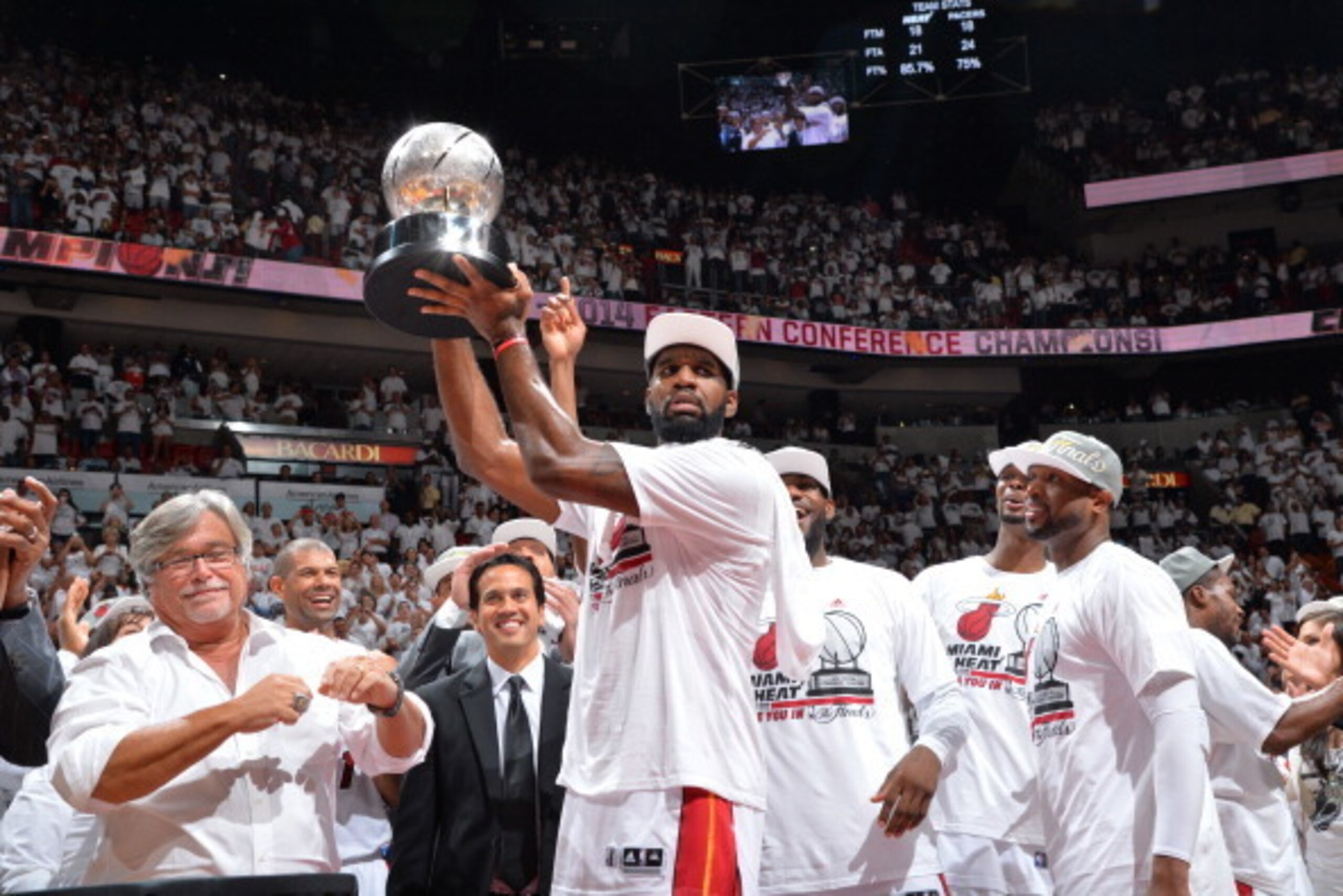 MIAMI, FL - MAY 30: Greg Oden #20 of the Miami Heat holds up the trophy after the win against the Indiana Pacers in Game Six of the Eastern Conference Finals during the 2014 NBA Playoffs on May 30, 2014 in Miami, Fl. NOTE TO USER: User expressly acknowled