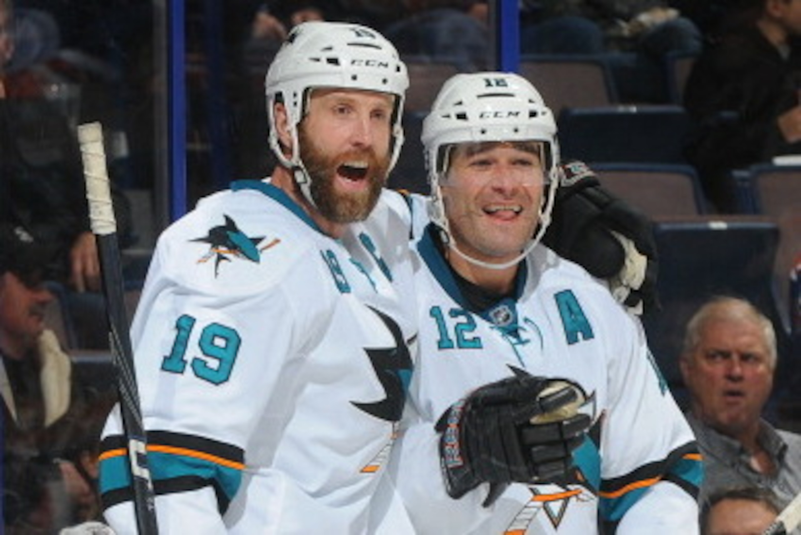 EDMONTON, AB - NOVEMBER 15:  Joe Thornton #19 and Patrick Marleau #12 of the San Jose Sharks celebrate after a goal in a game against Edmonton Oilers on November 15, 2013 at Rexall Place in Edmonton, Alberta, Canada. (Photo by Andy Devlin/NHLI via Getty I