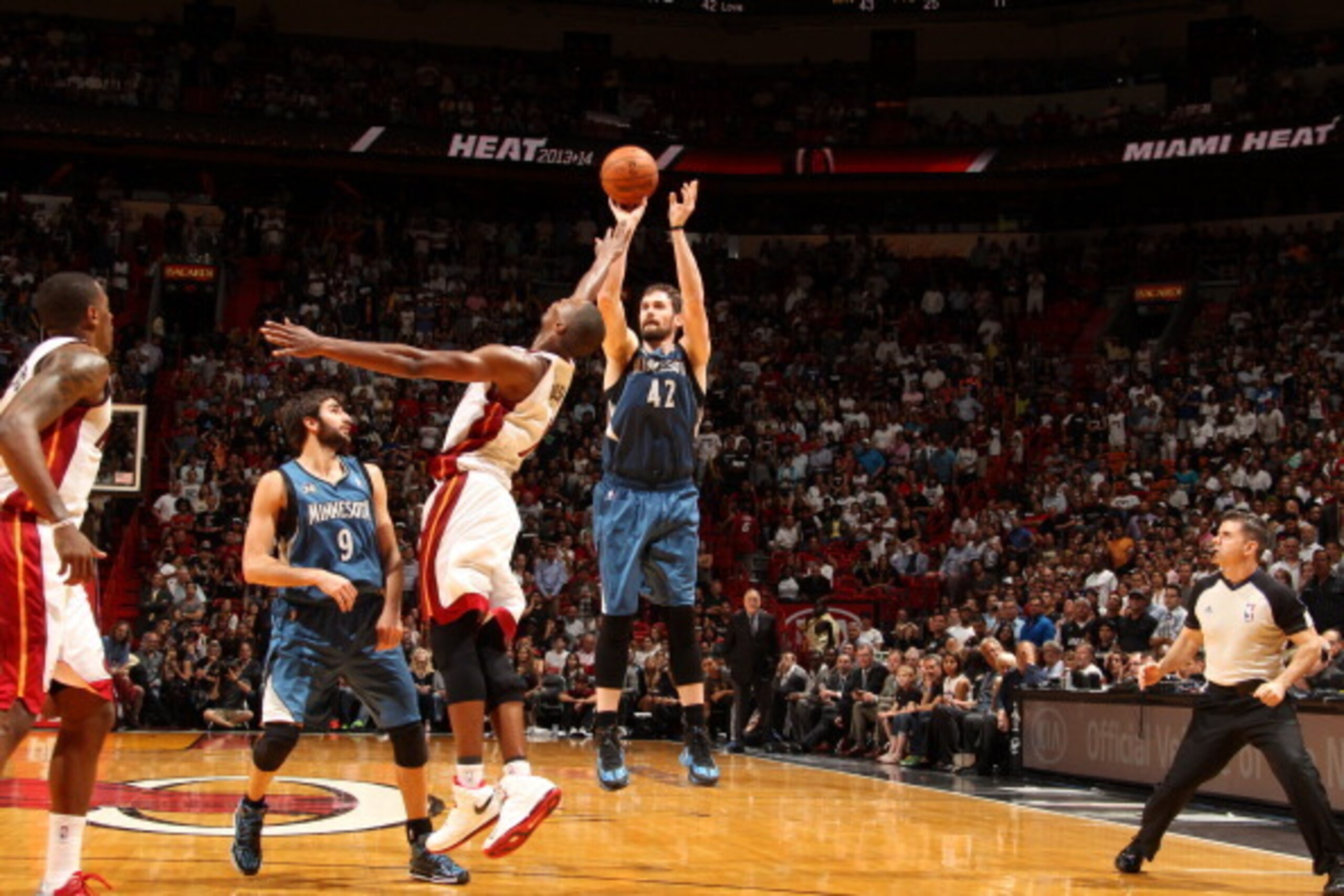 MIAMI, FL - April 4: Kevin Love #42 of the Minnesota Timberwolves shoots the ball against the Miami Heat at the American Airlines Arena in Miami, Florida on April, 4 2014. NOTE TO USER: User expressly acknowledges and agrees that, by downloading and/or us