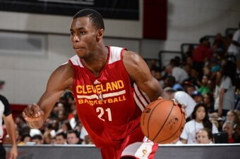 LAS VEGAS, NV - JULY 13:  Andrew Wiggins #21 of the Cleveland Cavaliers handles the ball against the San Antonio Spurs at the Samsung NBA Summer League 2014 on July 13, 2014 at the Cox Pavilion in Las Vegas, Nevada. NOTE TO USER: User expressly acknowledg