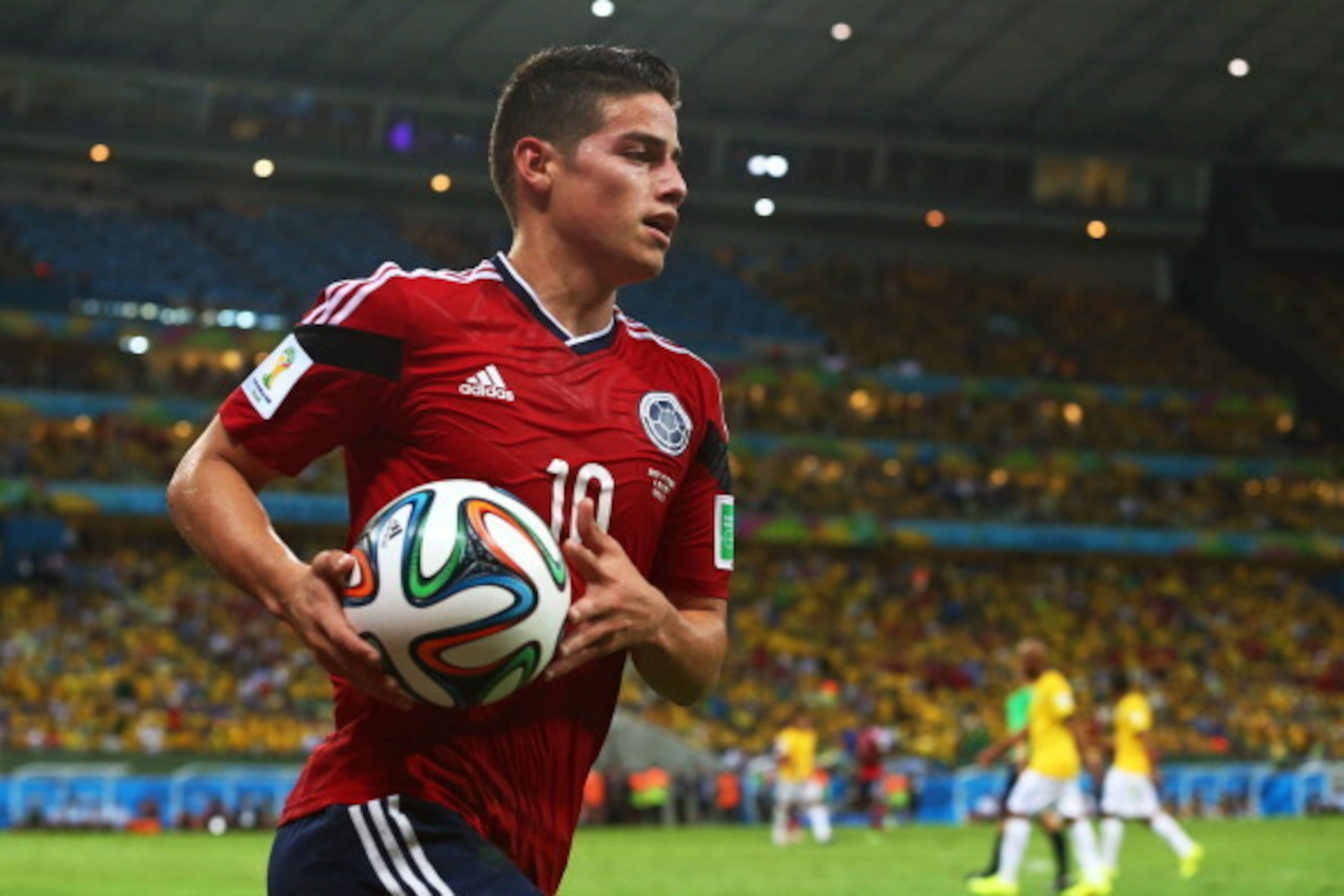 FORTALEZA, BRAZIL - JULY 04:  James Rodriguez of Colombia celebrates scoring his team's first goal on a penalty kick during the 2014 FIFA World Cup Brazil Quarter Final match between Brazil and Colombia at Castelao on July 4, 2014 in Fortaleza, Brazil.  (